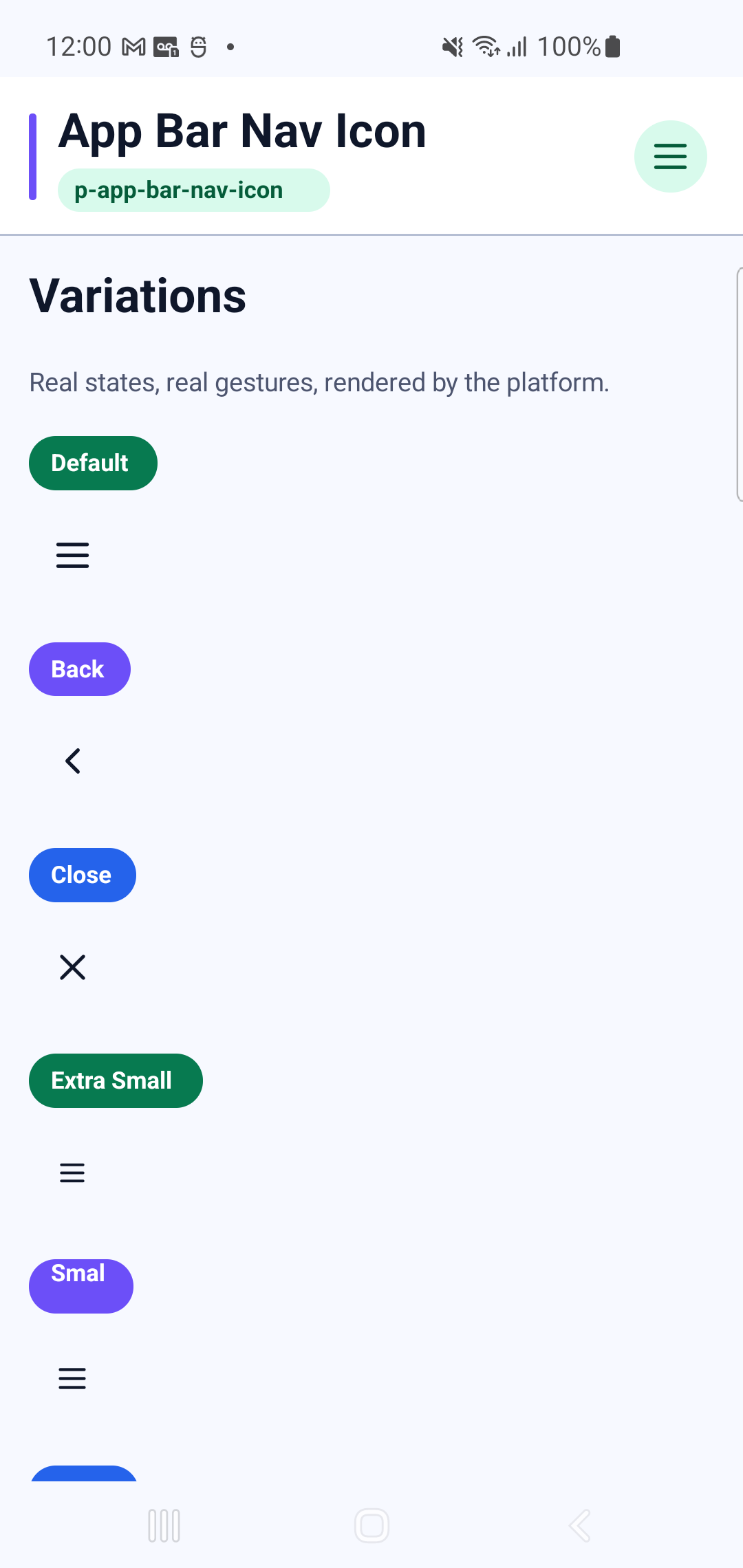 p-app-bar-nav-icon rendered by PAM Native UI on a physical Samsung Android device