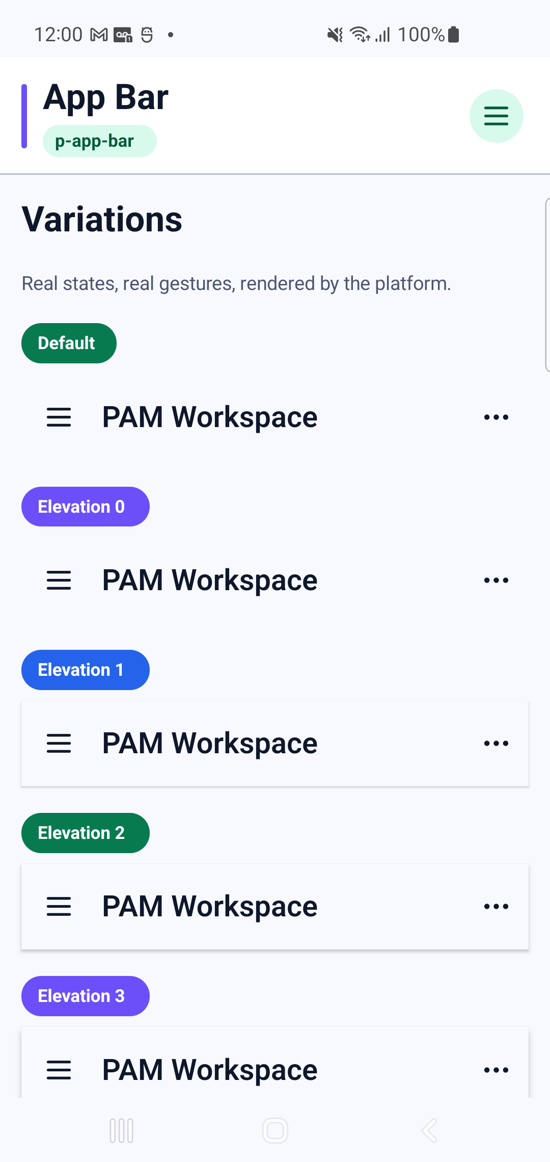 p-app-bar rendered by PAM Native UI on a physical Samsung Android device