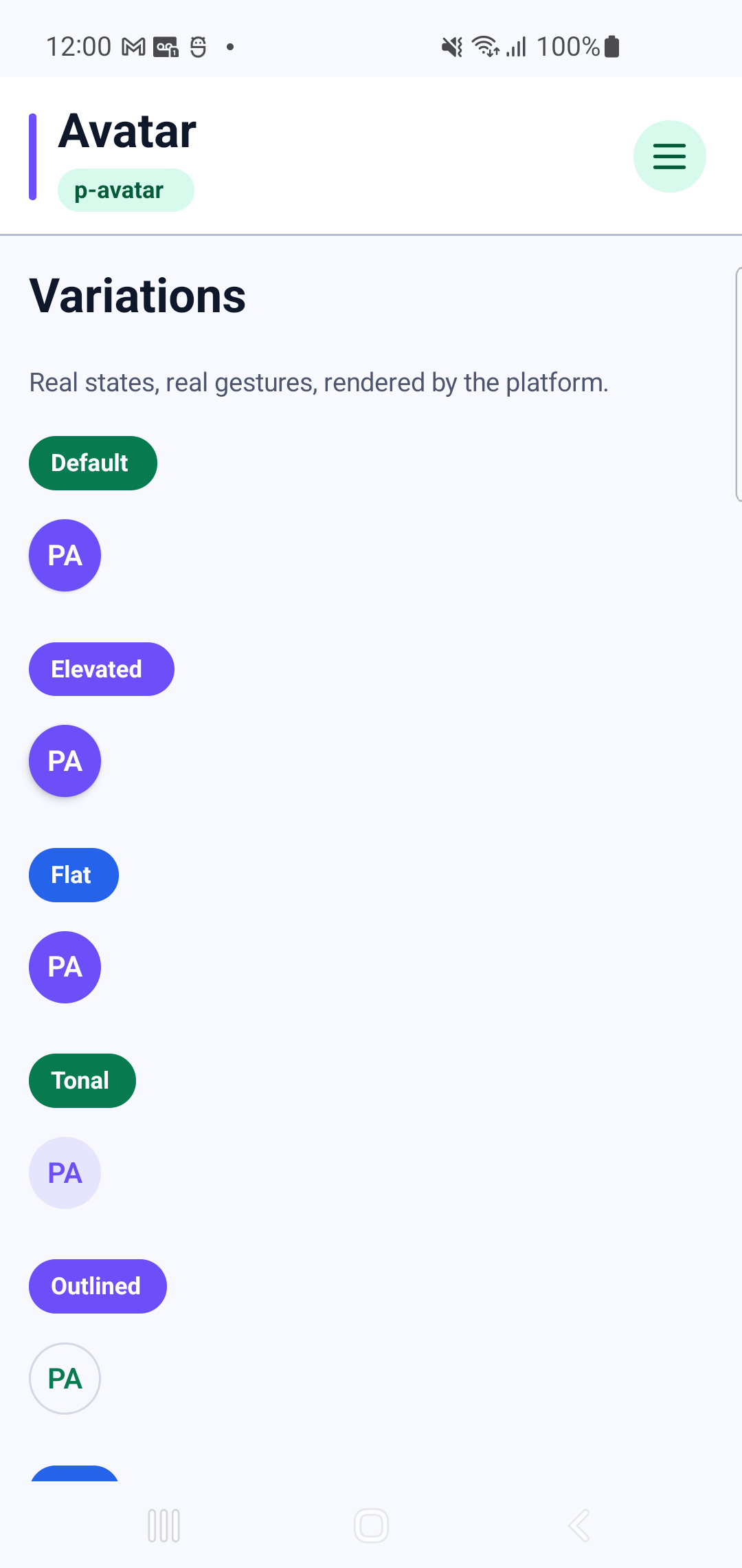 p-avatar rendered by PAM Native UI on a physical Samsung Android device