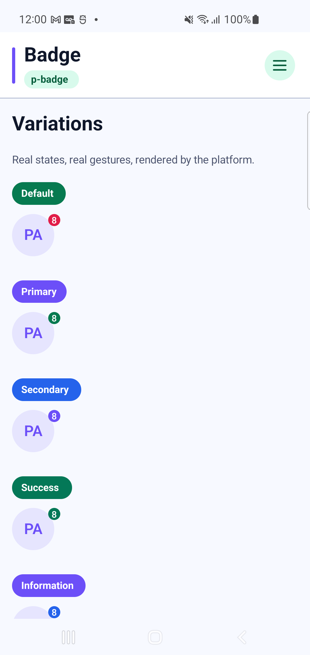 p-badge rendered by PAM Native UI on a physical Samsung Android device