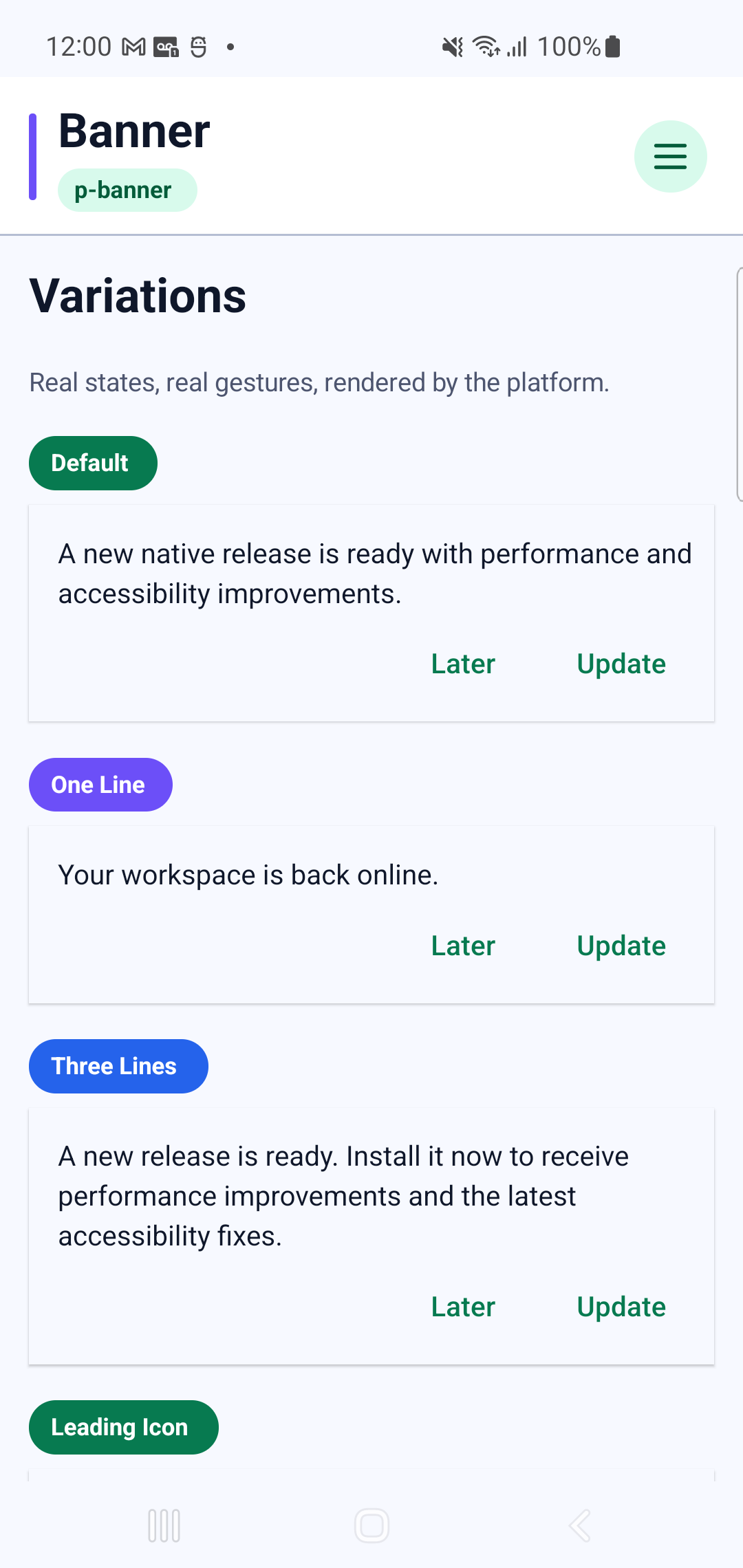 p-banner rendered by PAM Native UI on a physical Samsung Android device
