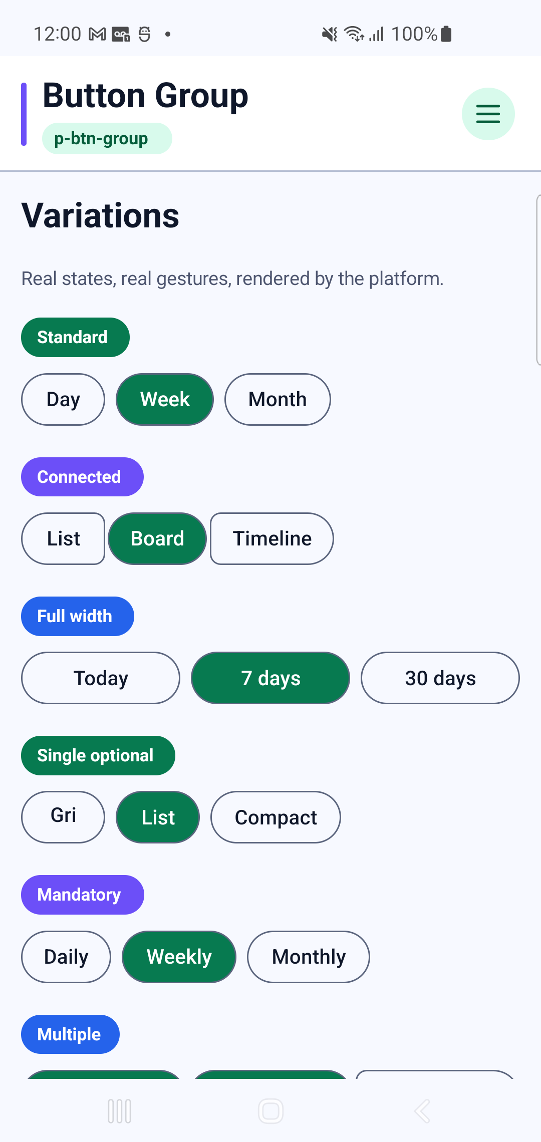 p-btn-group rendered by PAM Native UI on a physical Samsung Android device