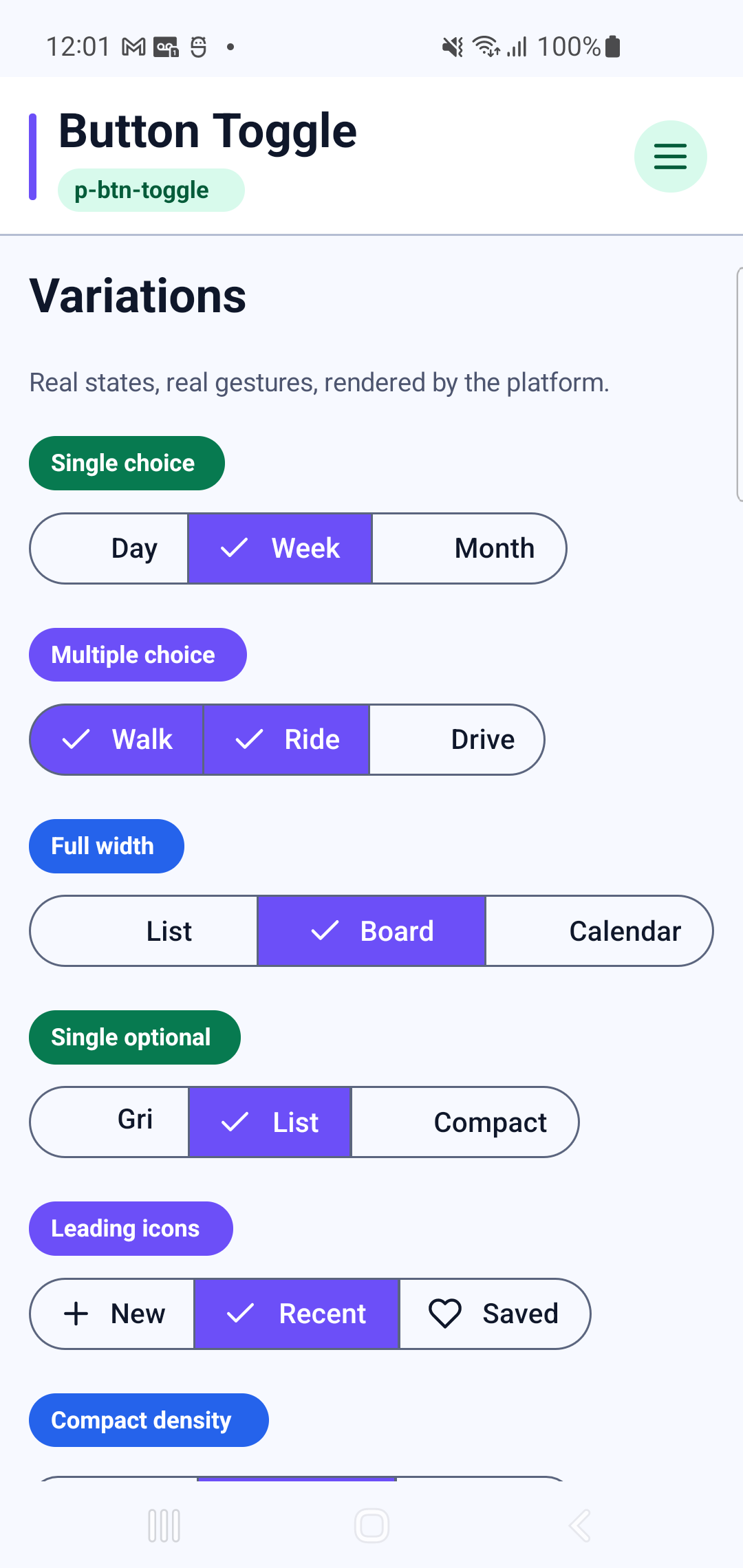 p-btn-toggle rendered by PAM Native UI on a physical Samsung Android device