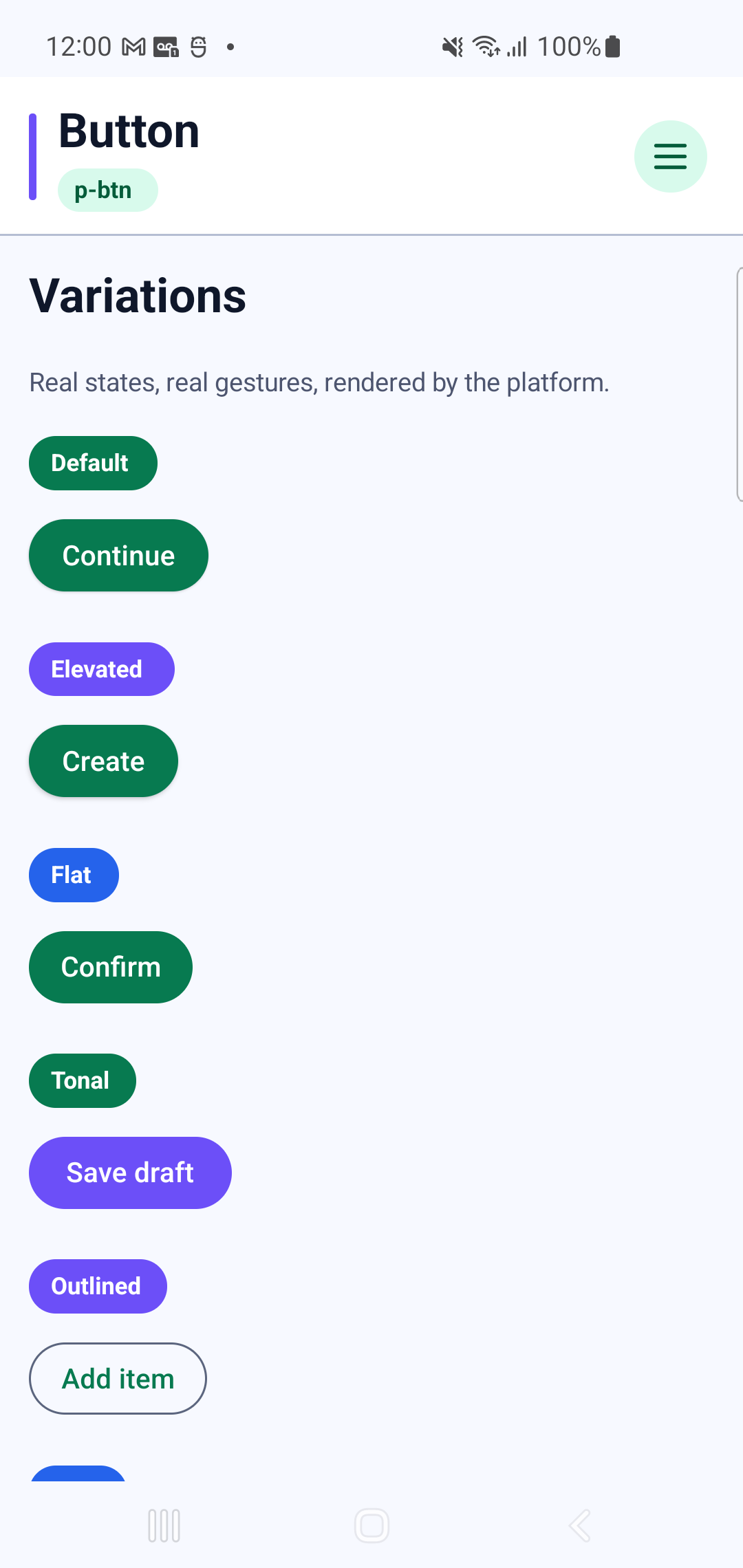p-btn rendered by PAM Native UI on a physical Samsung Android device