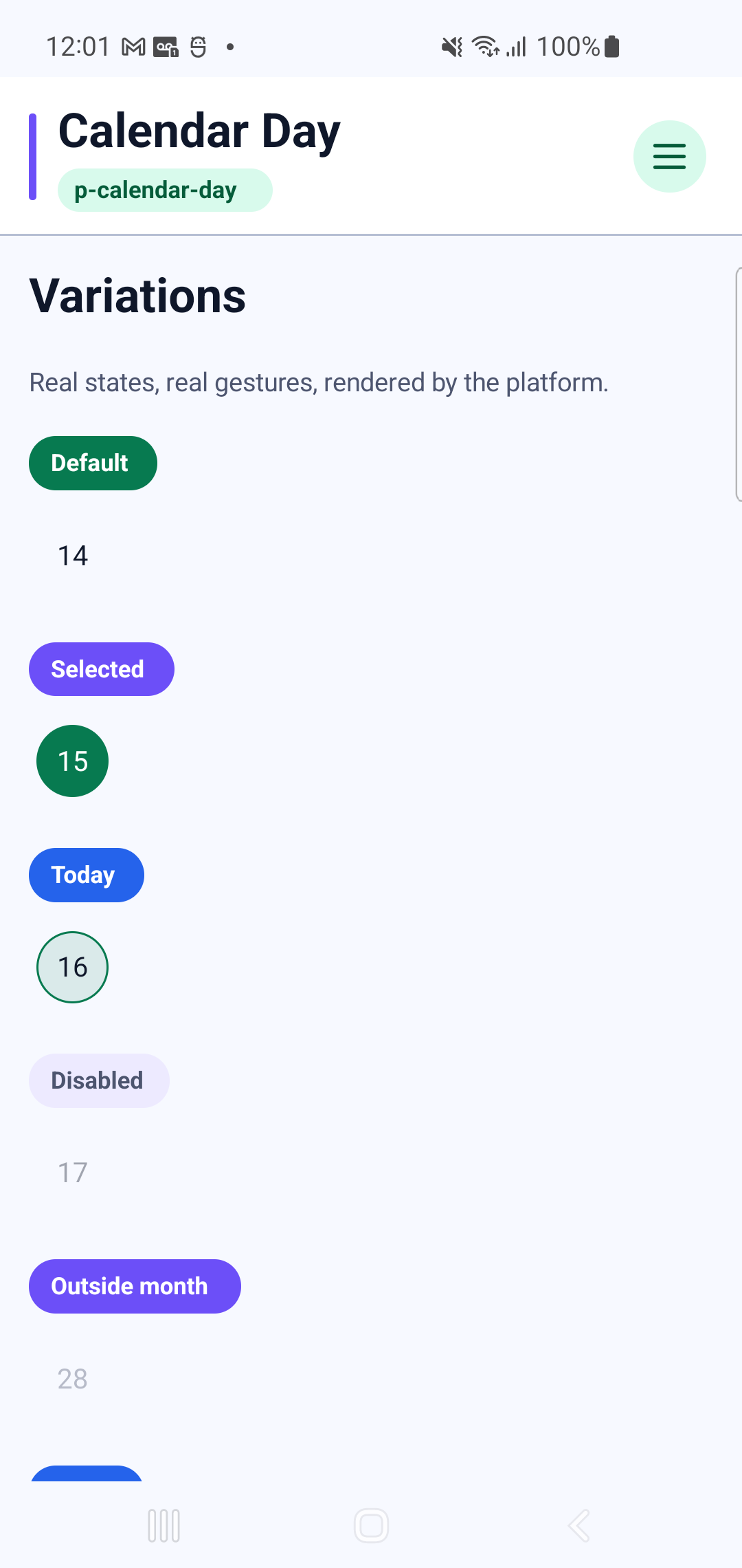 p-calendar-day rendered by PAM Native UI on a physical Samsung Android device