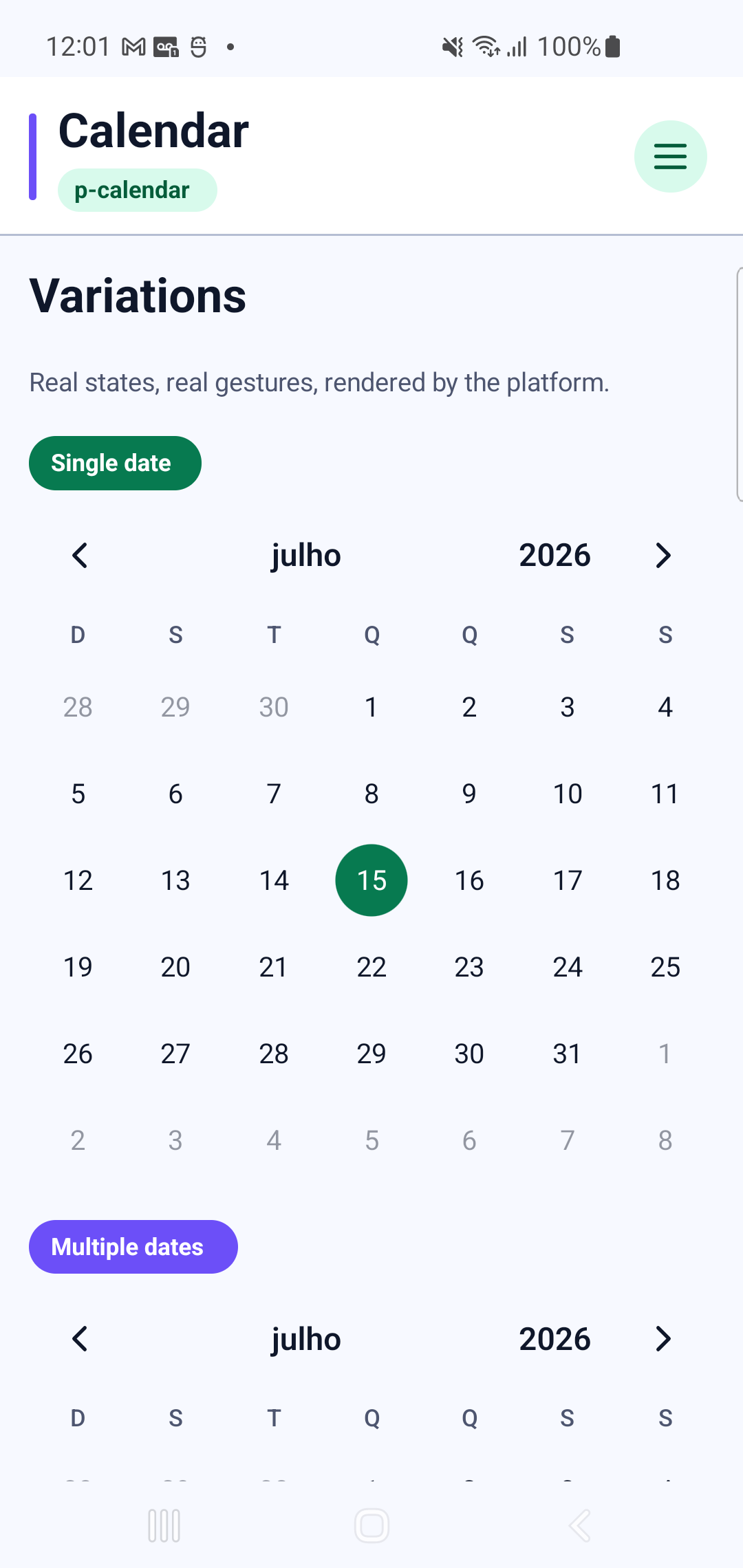 p-calendar rendered by PAM Native UI on a physical Samsung Android device
