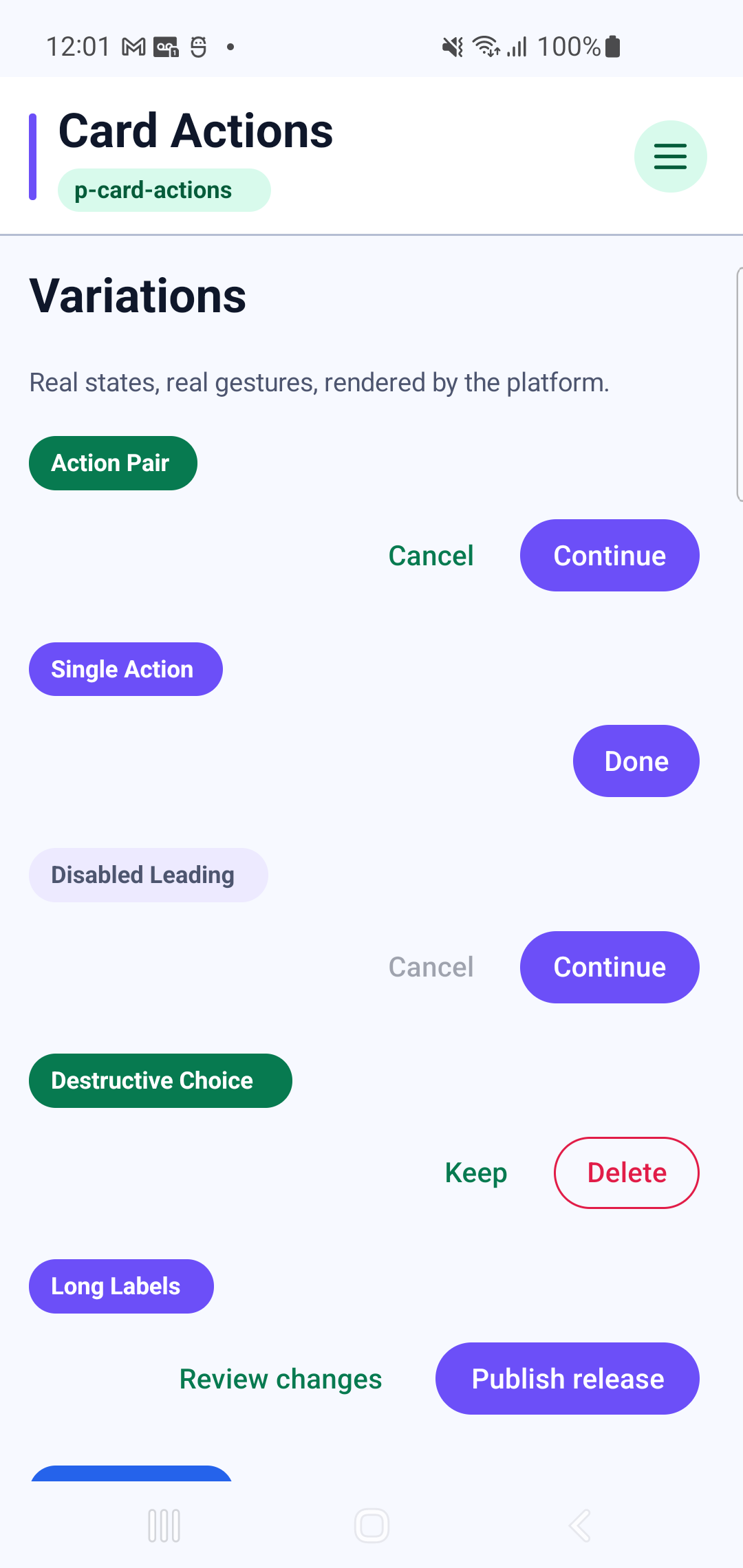 p-card-actions rendered by PAM Native UI on a physical Samsung Android device