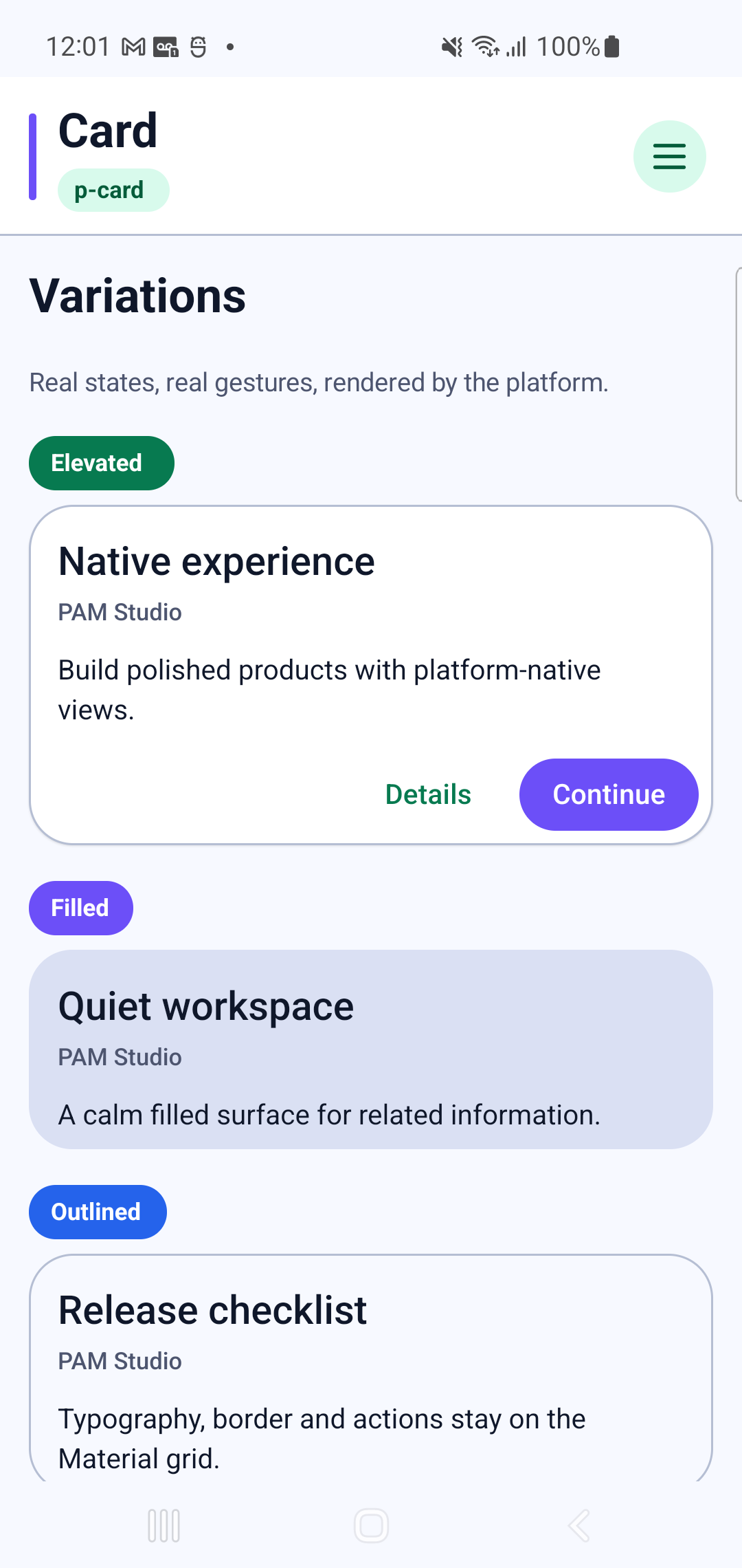 p-card rendered by PAM Native UI on a physical Samsung Android device