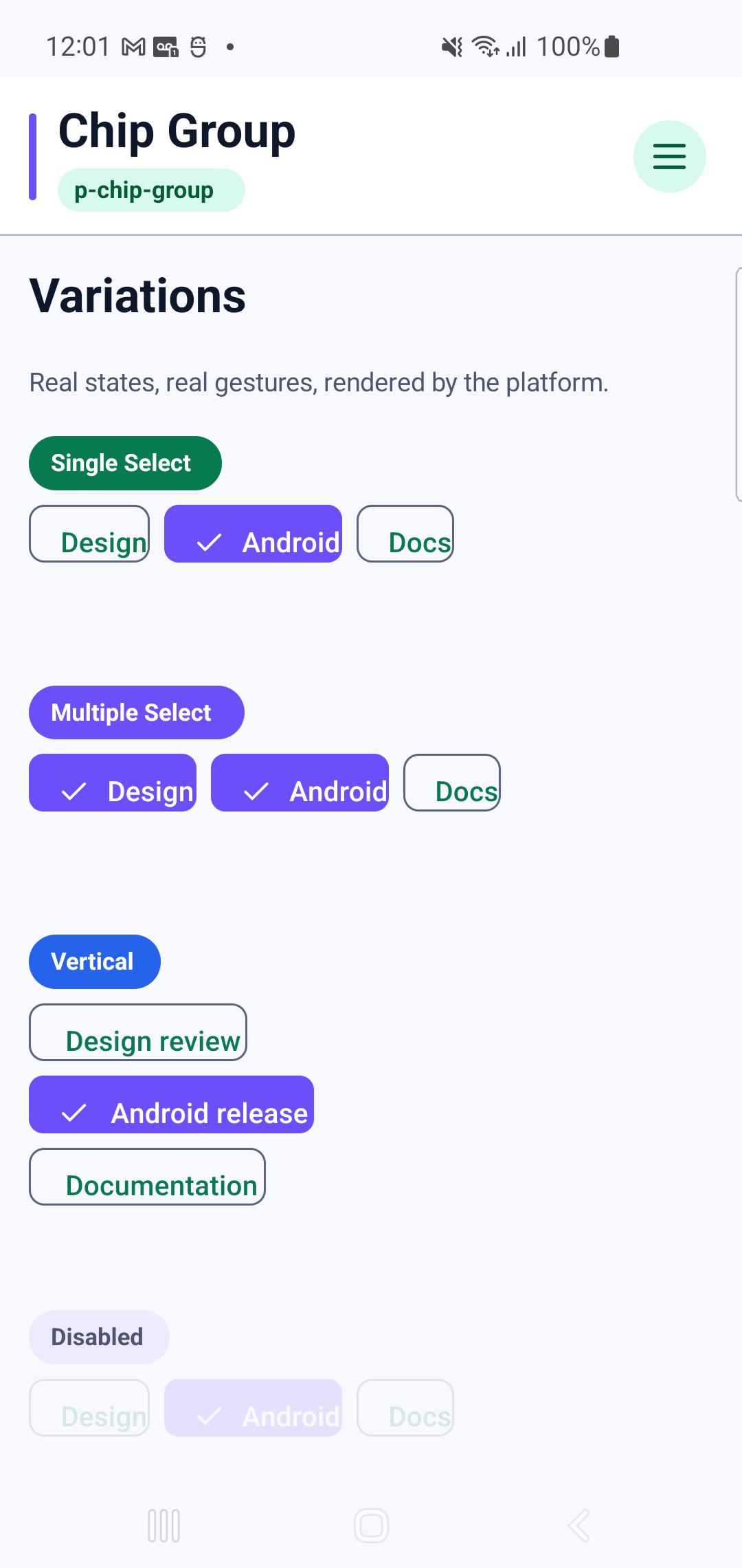 p-chip-group rendered by PAM Native UI on a physical Samsung Android device
