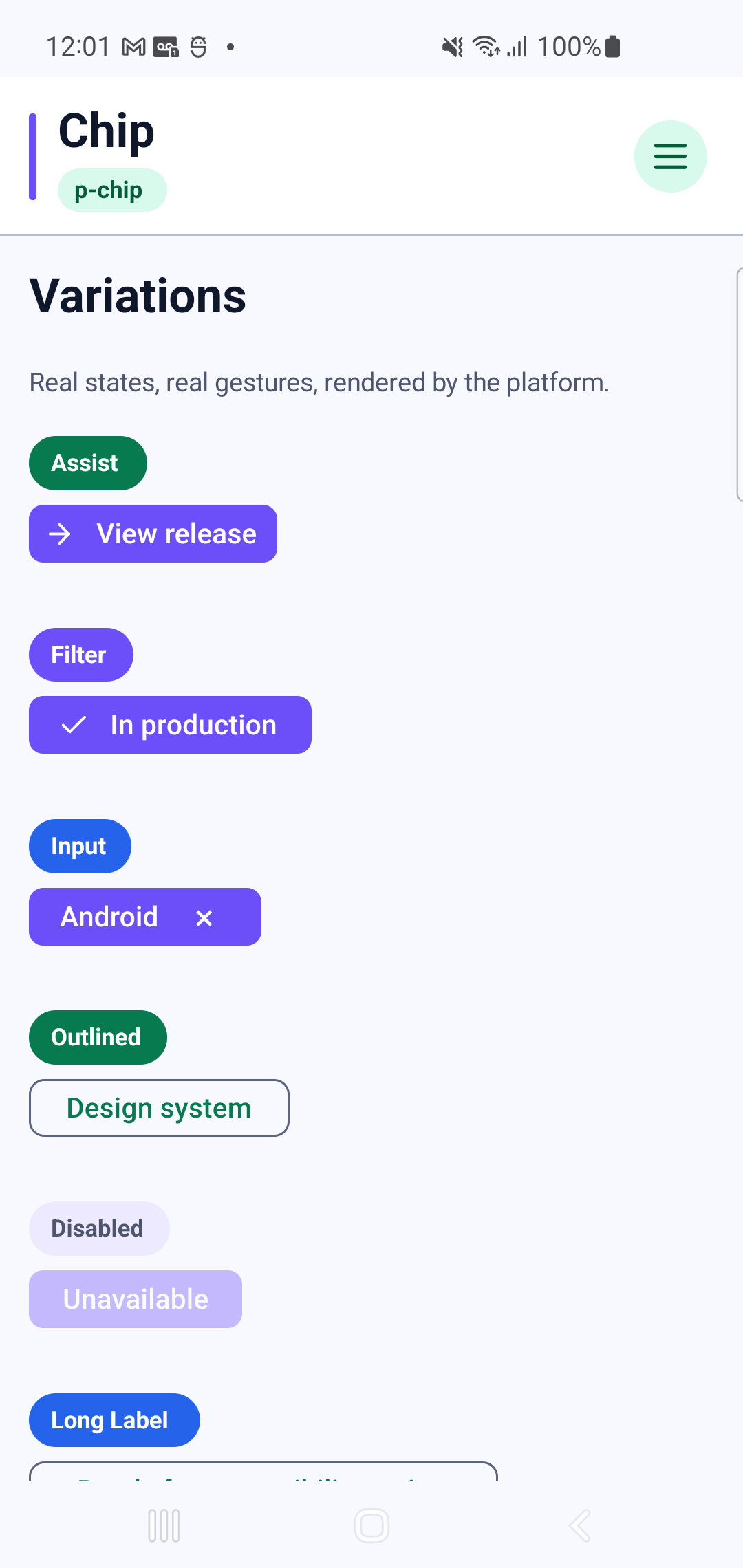 p-chip rendered by PAM Native UI on a physical Samsung Android device