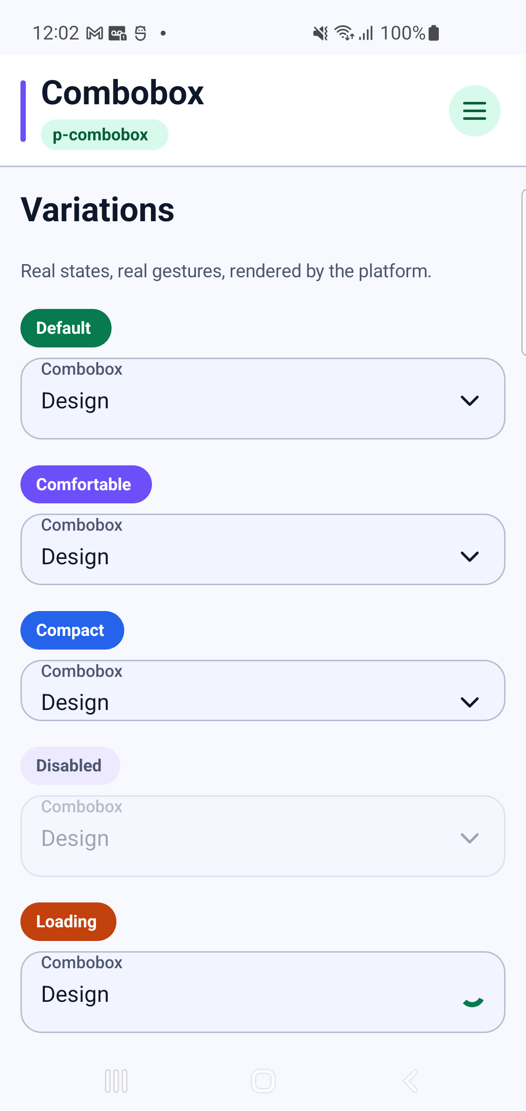p-combobox rendered by PAM Native UI on a physical Samsung Android device