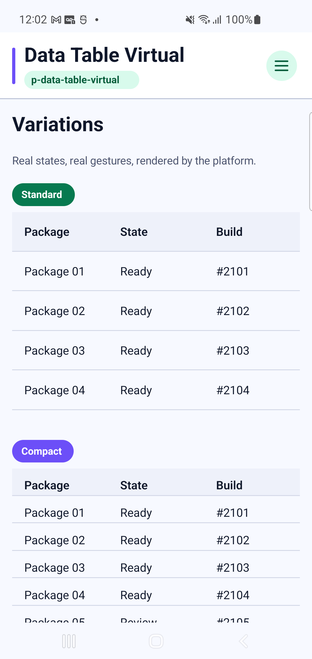 p-data-table-virtual rendered by PAM Native UI on a physical Samsung Android device