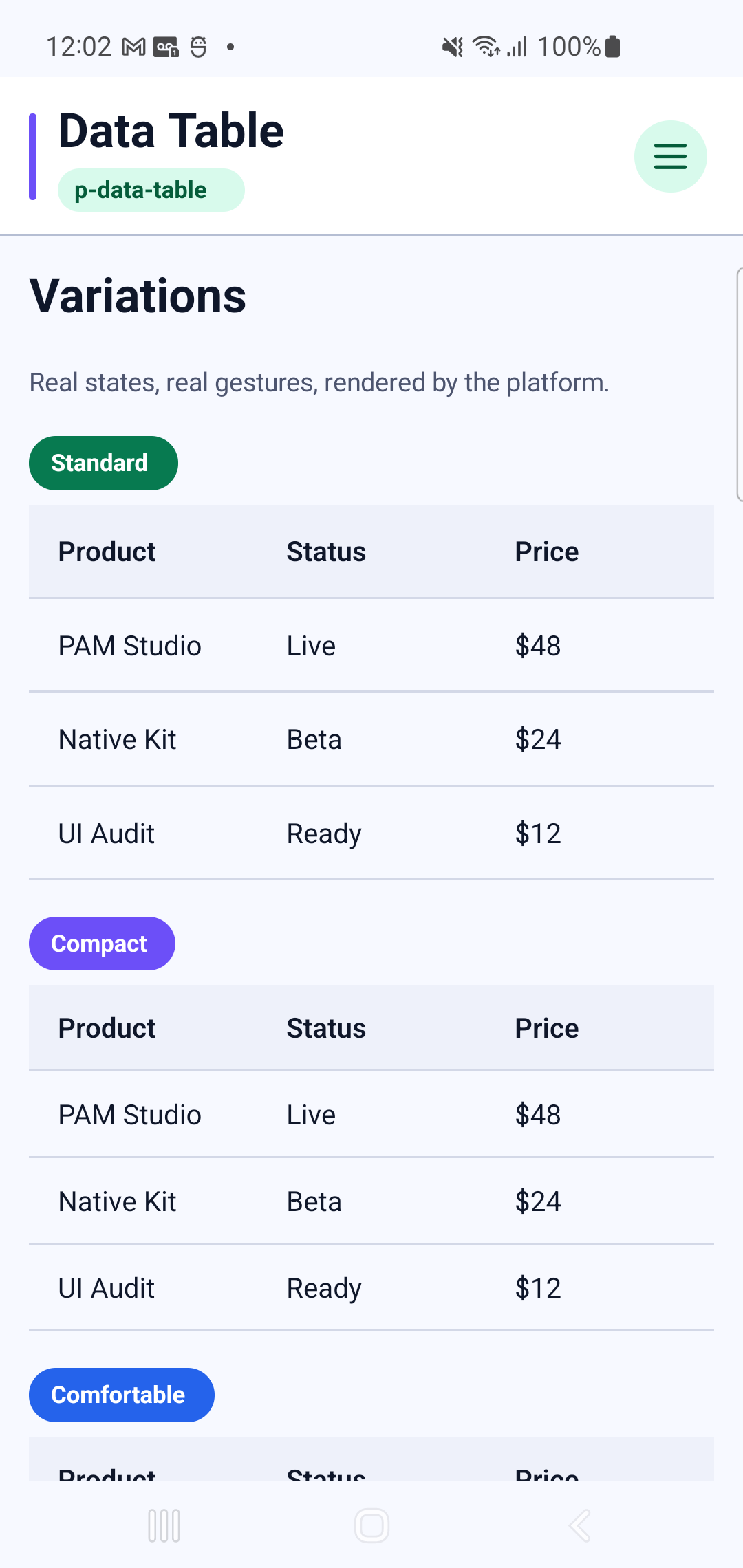 p-data-table rendered by PAM Native UI on a physical Samsung Android device