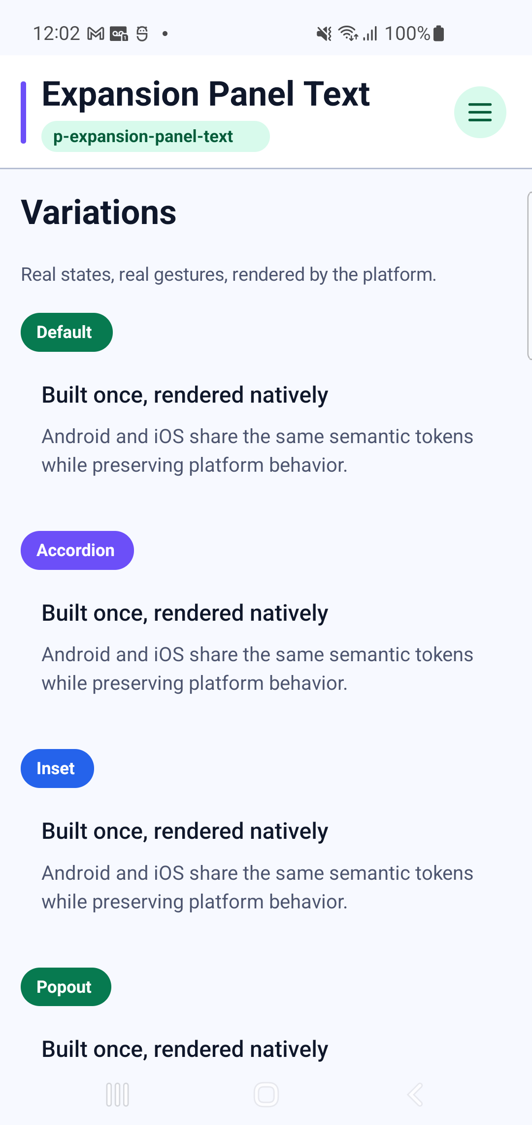 p-expansion-panel-text rendered by PAM Native UI on a physical Samsung Android device