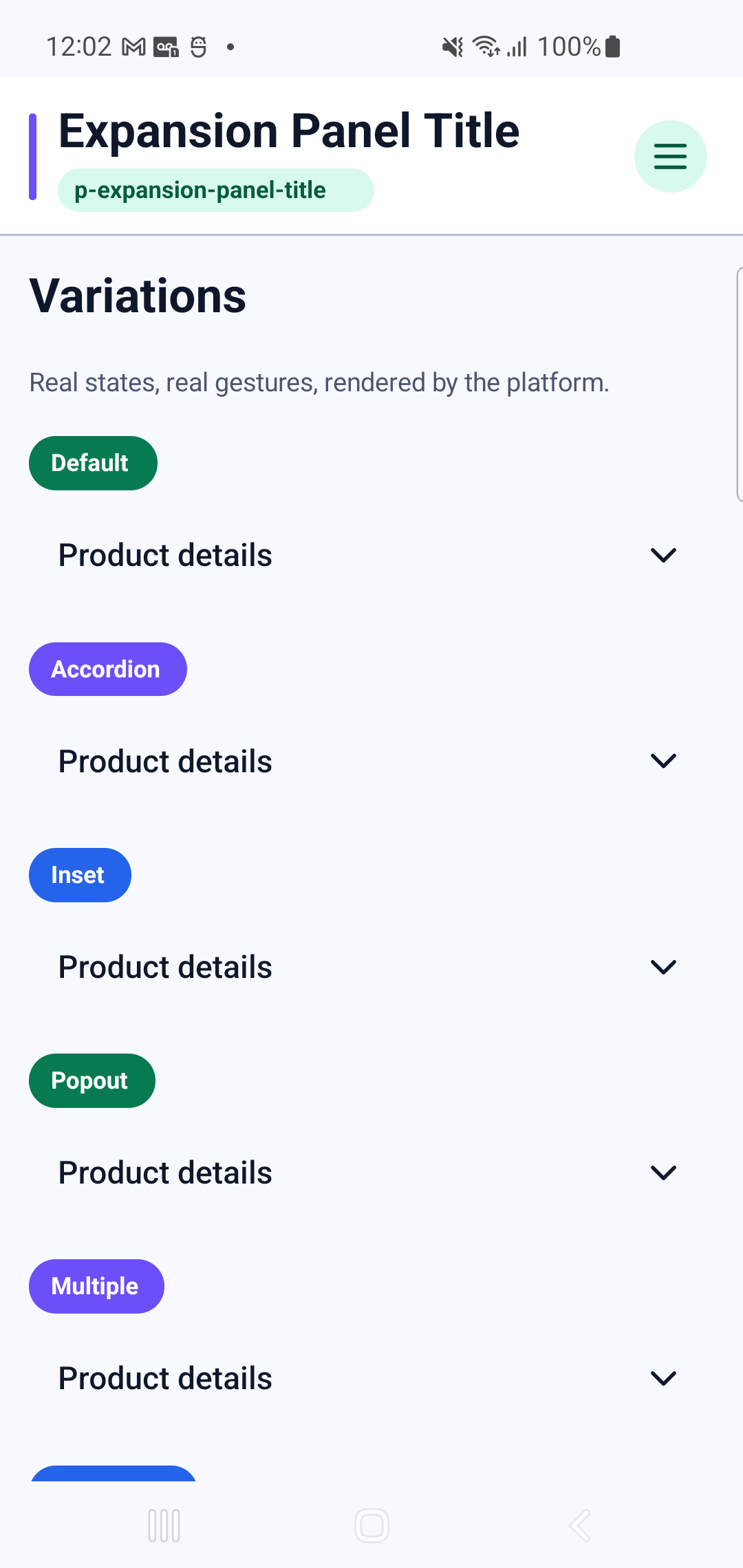 p-expansion-panel-title rendered by PAM Native UI on a physical Samsung Android device