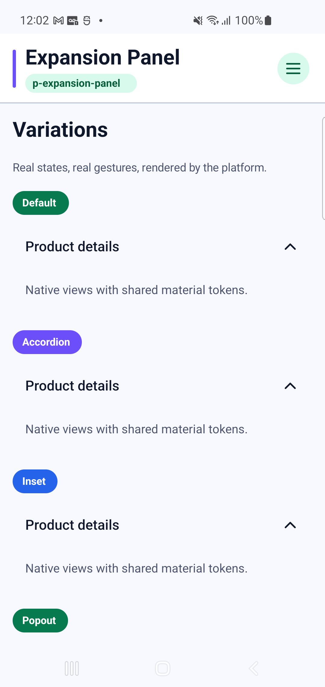 p-expansion-panel rendered by PAM Native UI on a physical Samsung Android device
