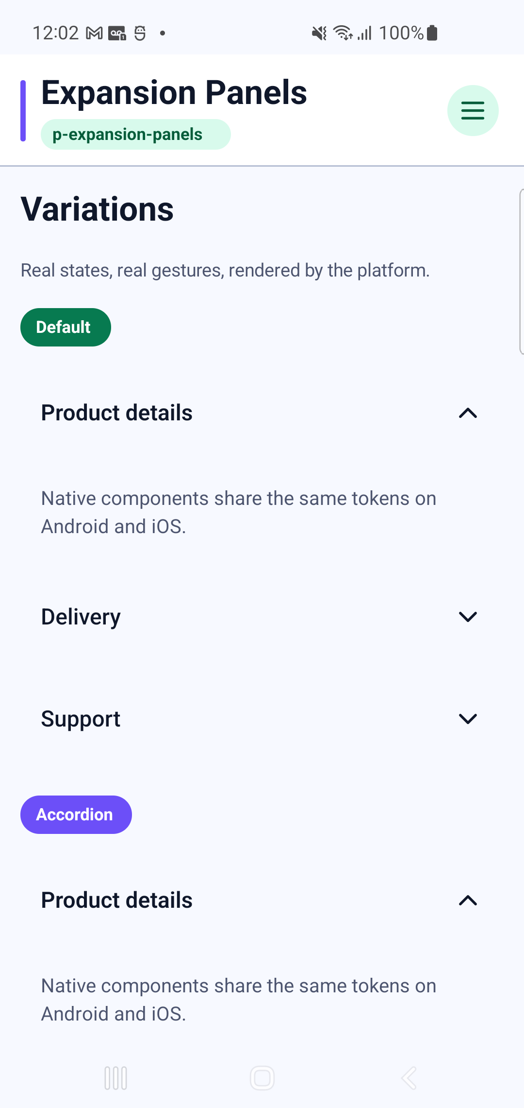p-expansion-panels rendered by PAM Native UI on a physical Samsung Android device