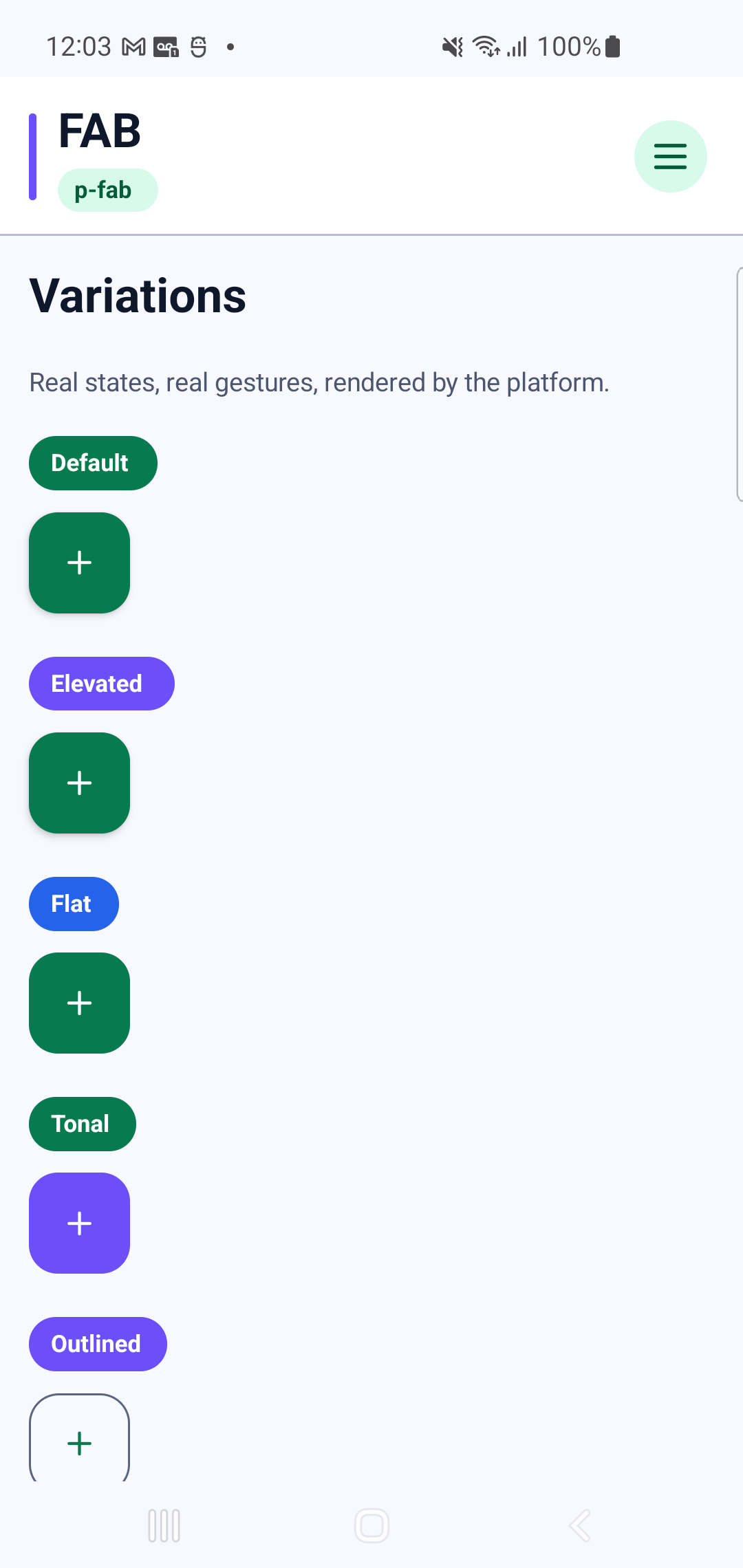 p-fab rendered by PAM Native UI on a physical Samsung Android device