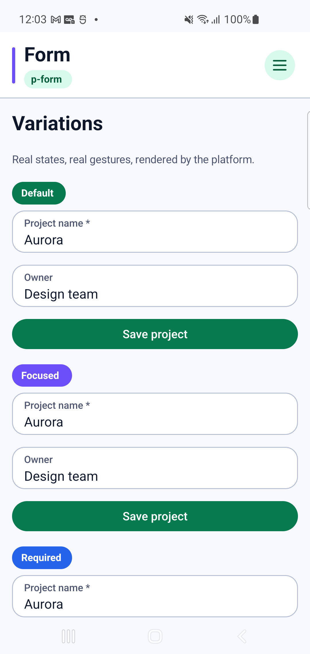 p-form rendered by PAM Native UI on a physical Samsung Android device