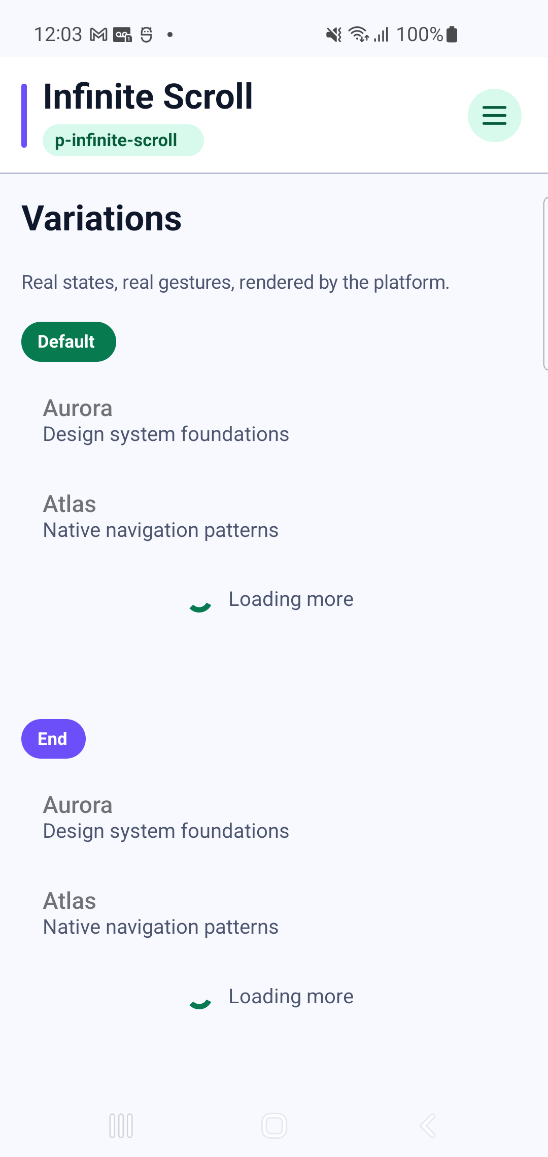 p-infinite-scroll rendered by PAM Native UI on a physical Samsung Android device