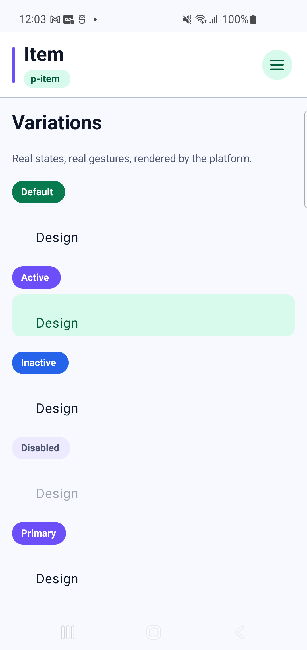 p-item rendered by PAM Native UI on a physical Samsung Android device
