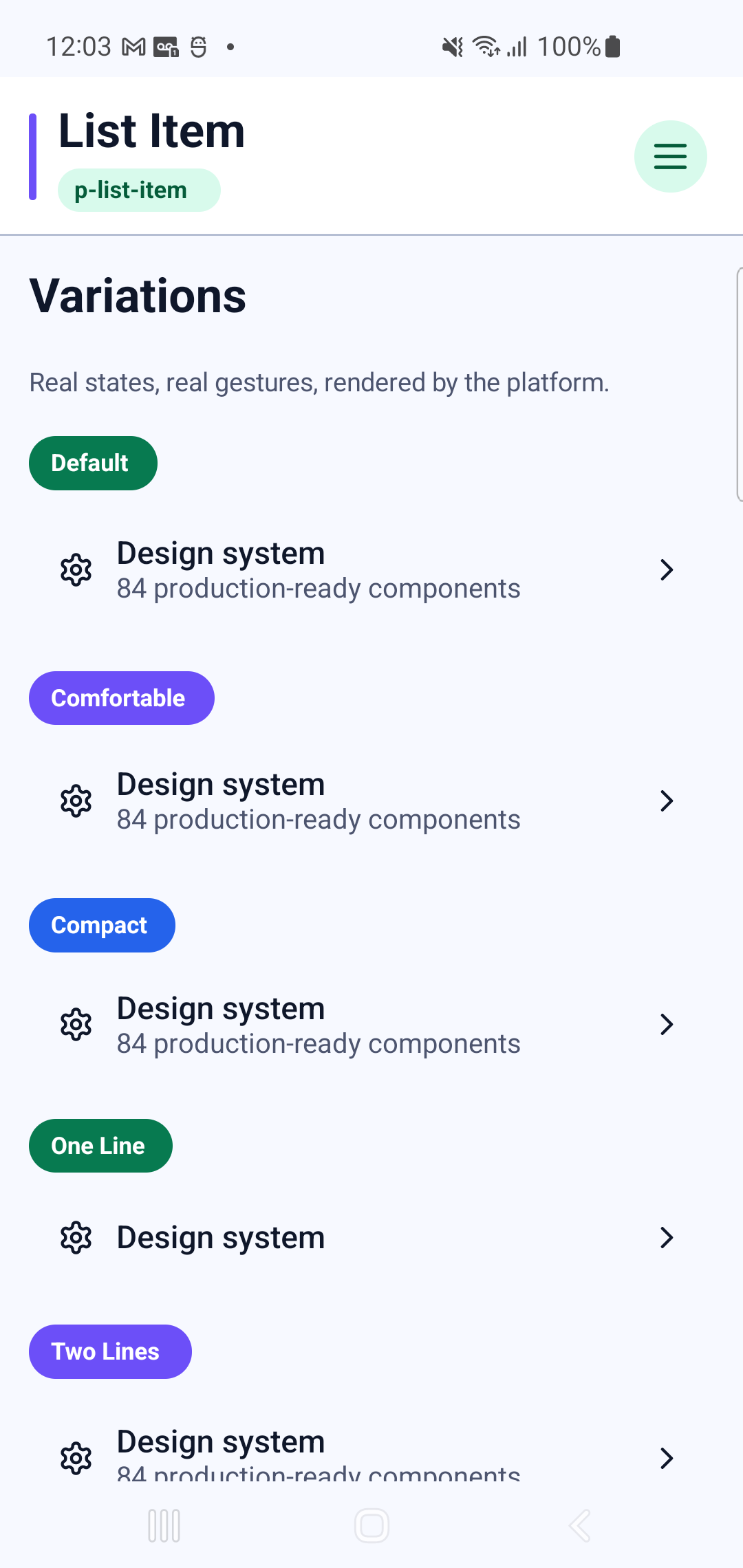 p-list-item rendered by PAM Native UI on a physical Samsung Android device