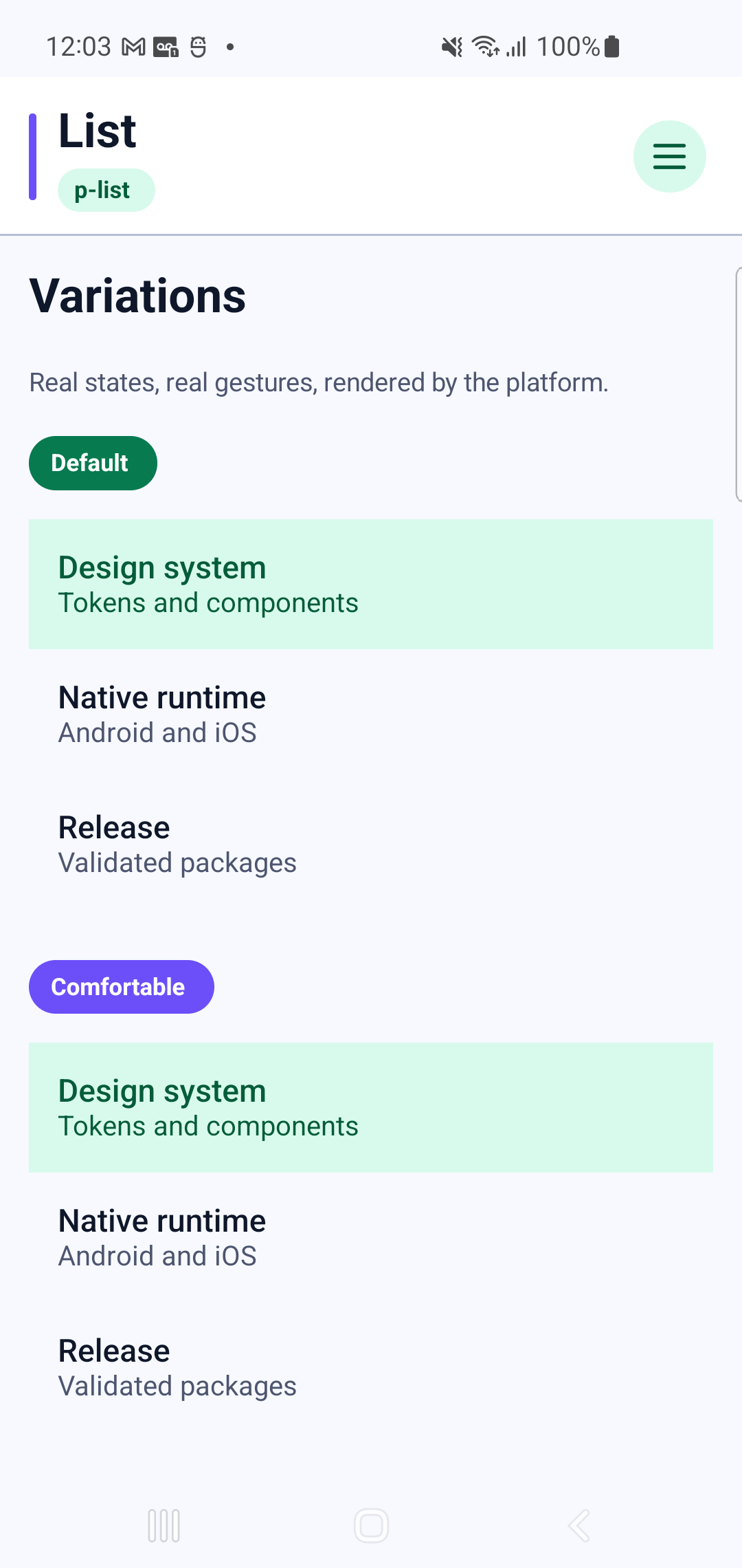 p-list rendered by PAM Native UI on a physical Samsung Android device