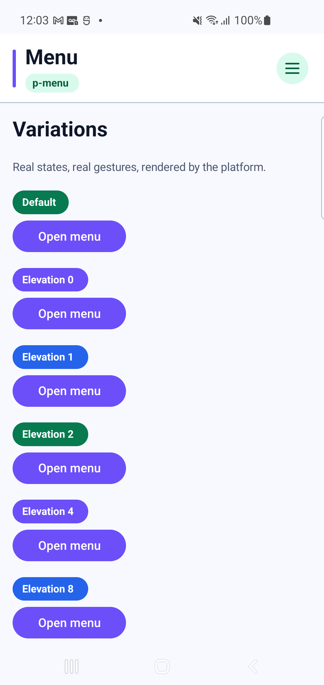 p-menu rendered by PAM Native UI on a physical Samsung Android device