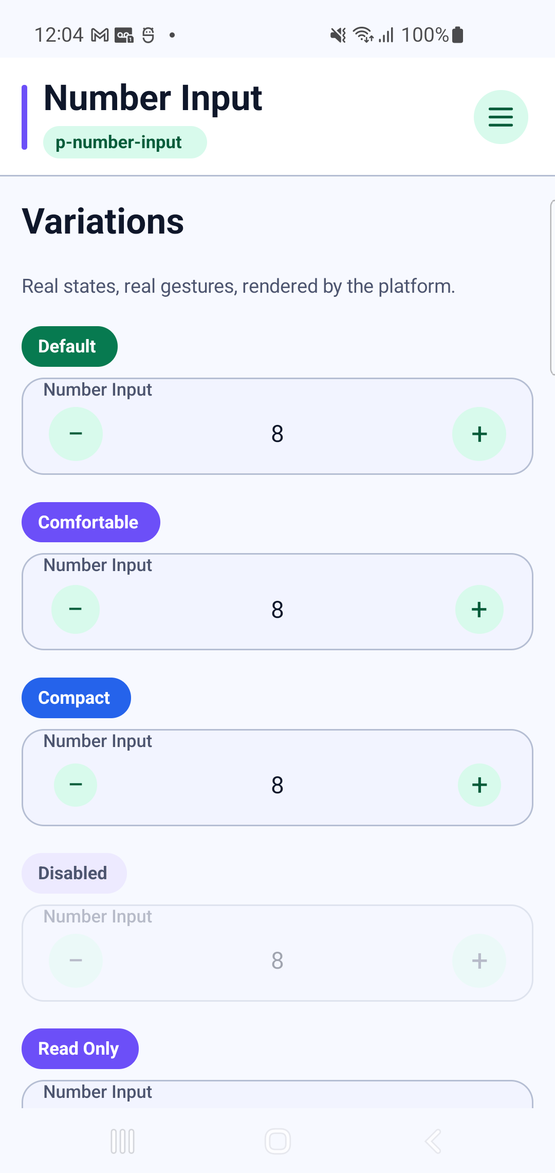 p-number-input rendered by PAM Native UI on a physical Samsung Android device