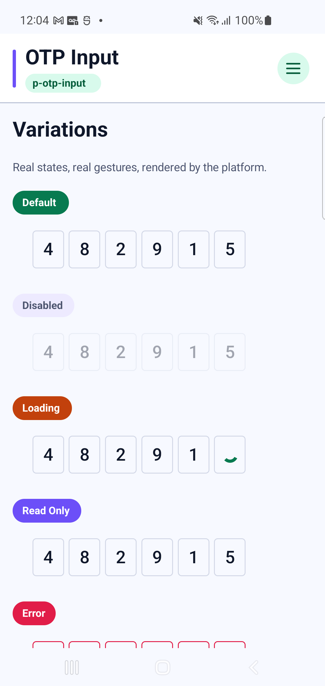 p-otp-input rendered by PAM Native UI on a physical Samsung Android device