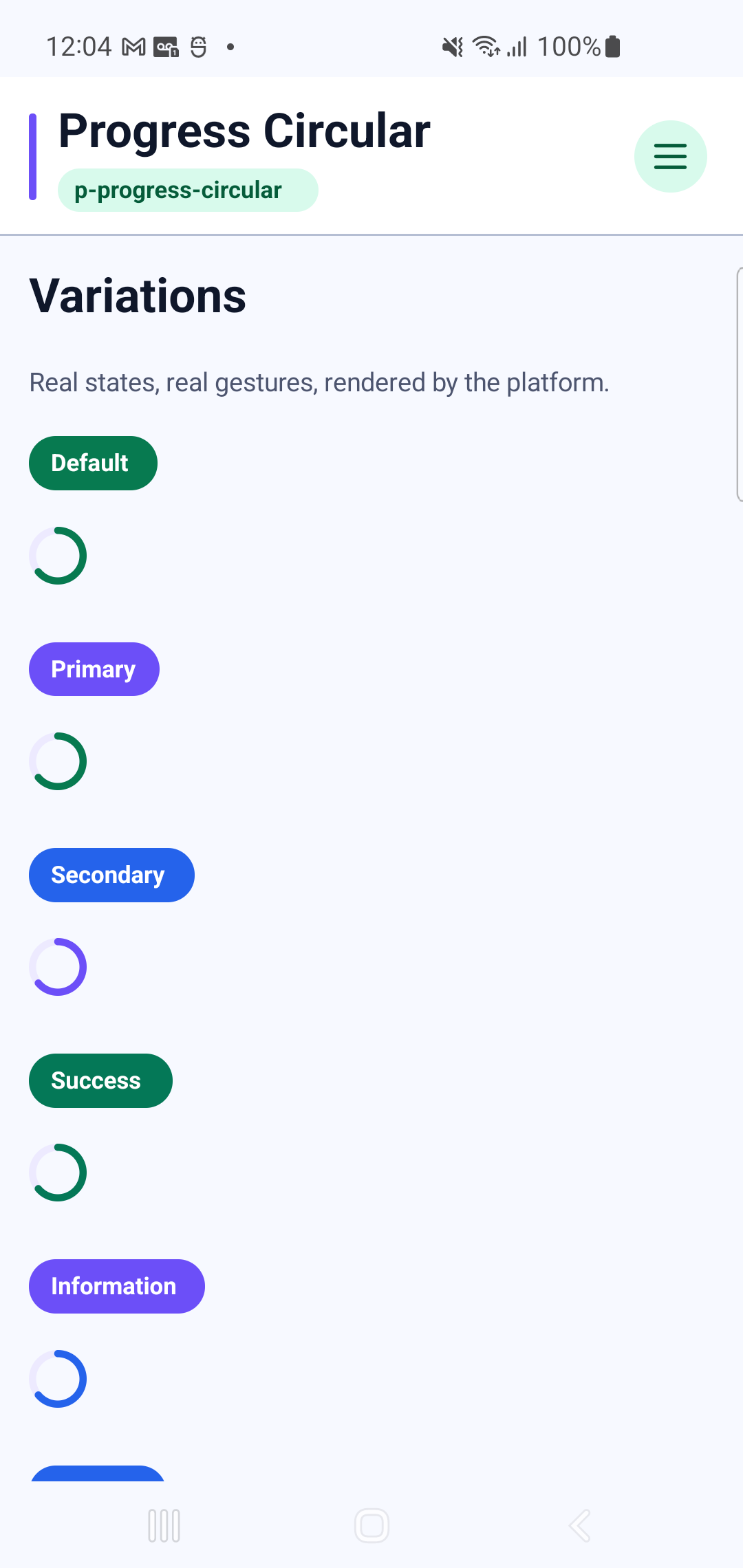 p-progress-circular rendered by PAM Native UI on a physical Samsung Android device