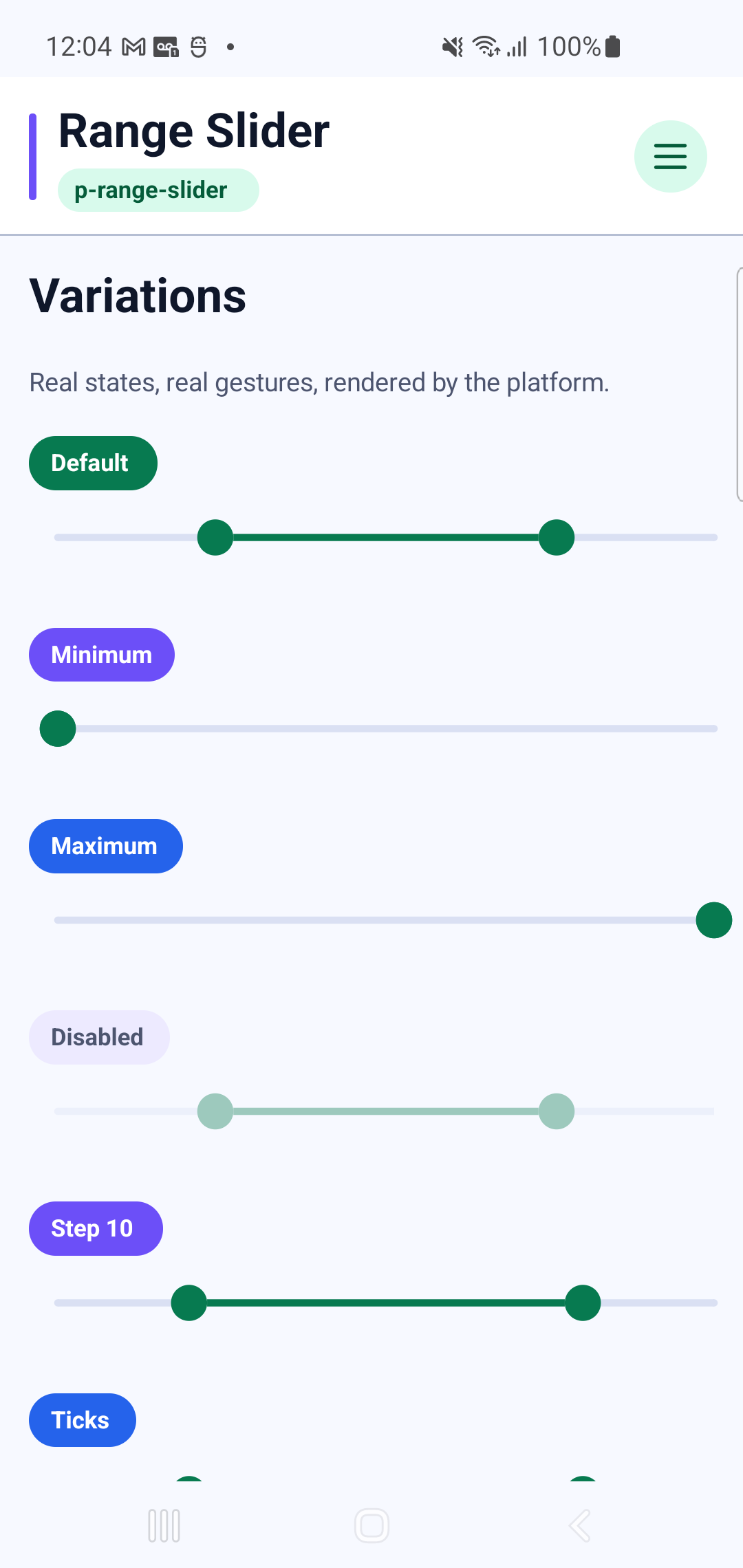 p-range-slider rendered by PAM Native UI on a physical Samsung Android device