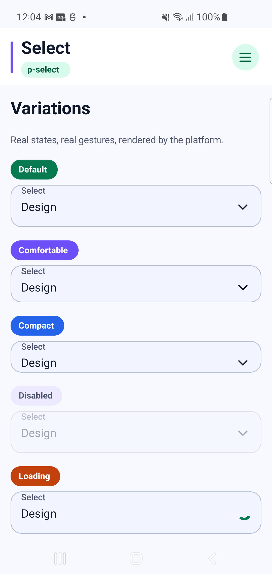 p-select rendered by PAM Native UI on a physical Samsung Android device