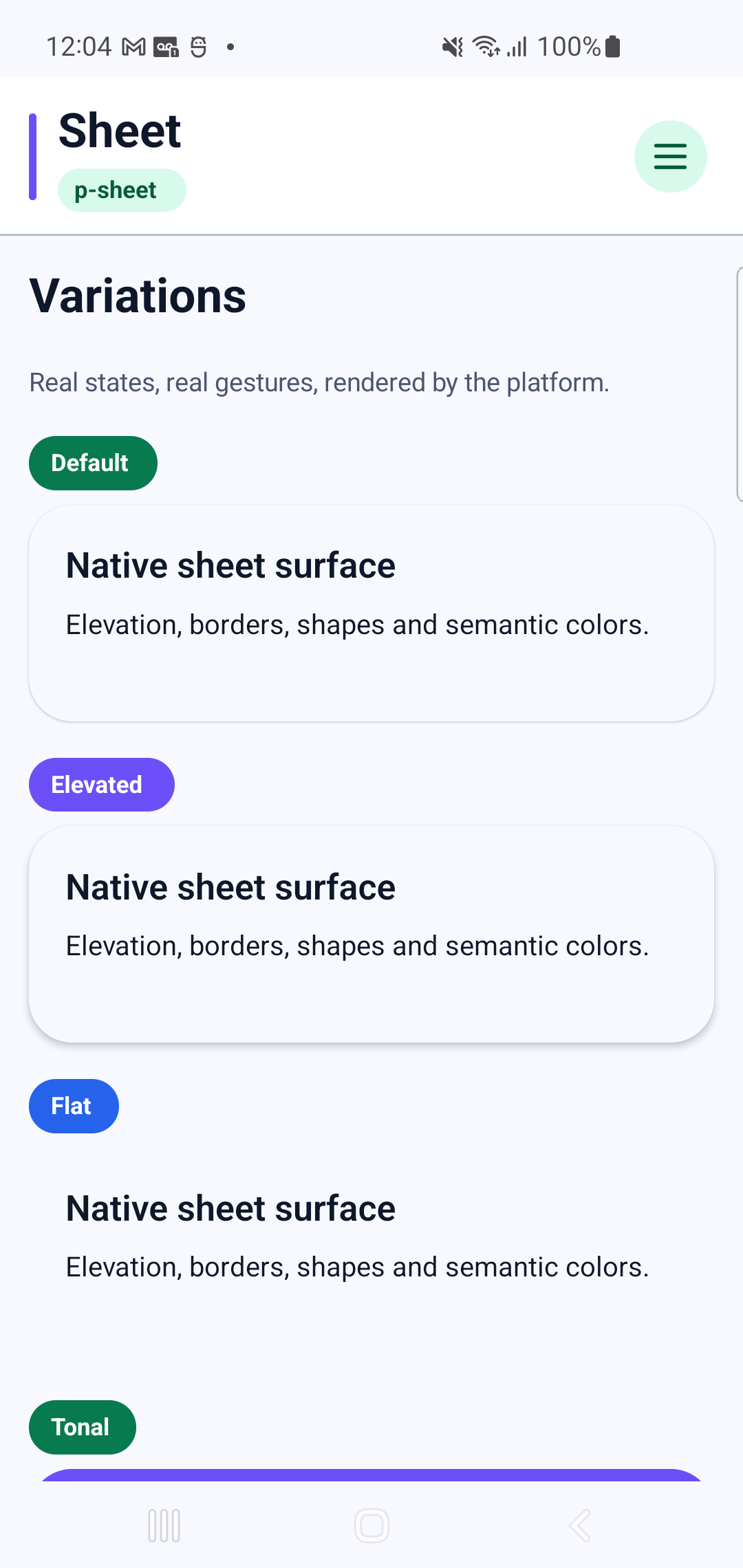 p-sheet rendered by PAM Native UI on a physical Samsung Android device