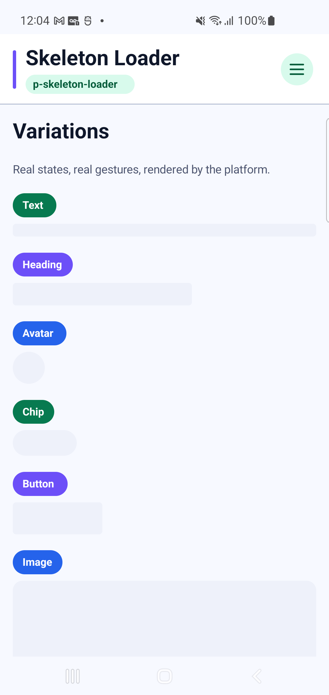 p-skeleton-loader rendered by PAM Native UI on a physical Samsung Android device