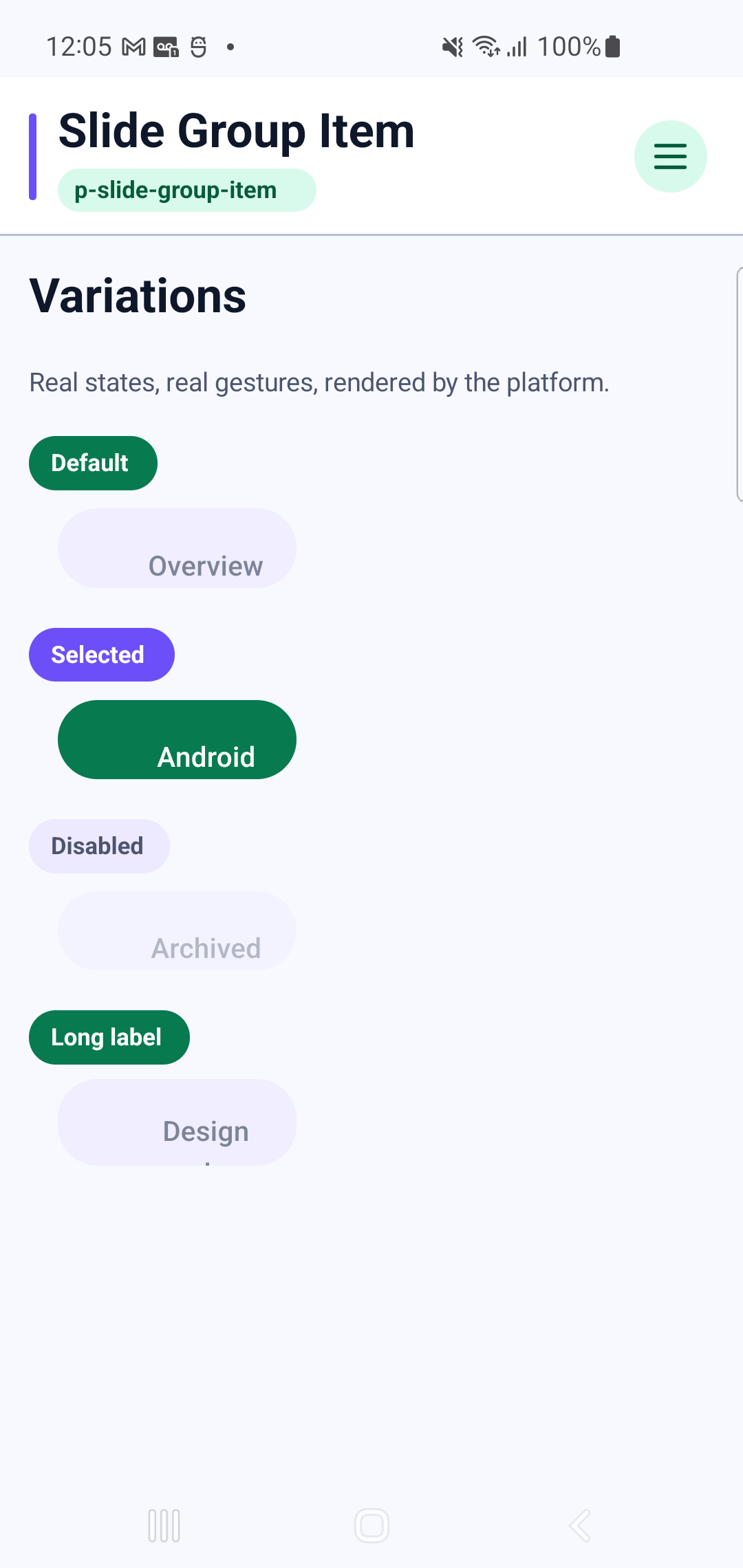 p-slide-group-item rendered by PAM Native UI on a physical Samsung Android device