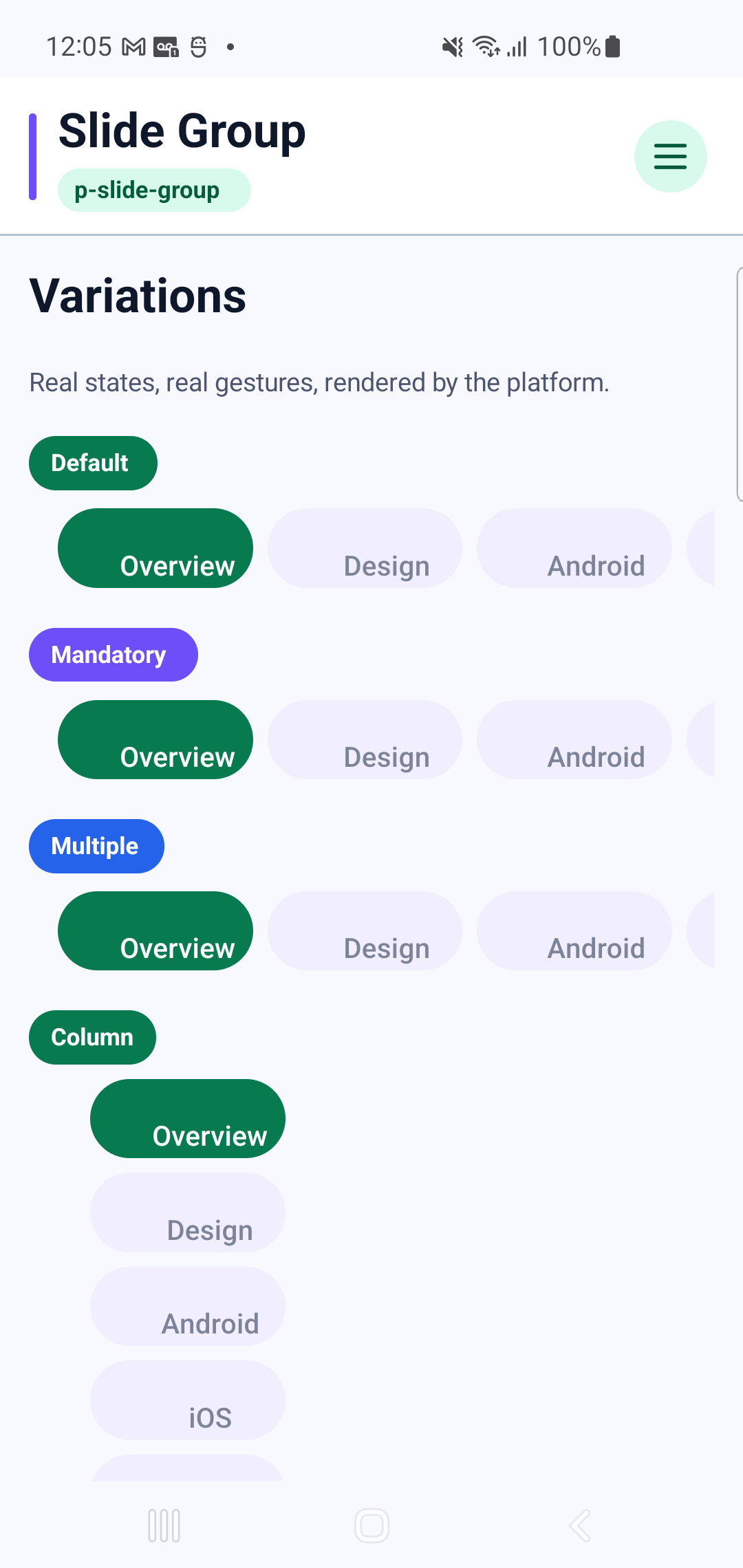 p-slide-group rendered by PAM Native UI on a physical Samsung Android device