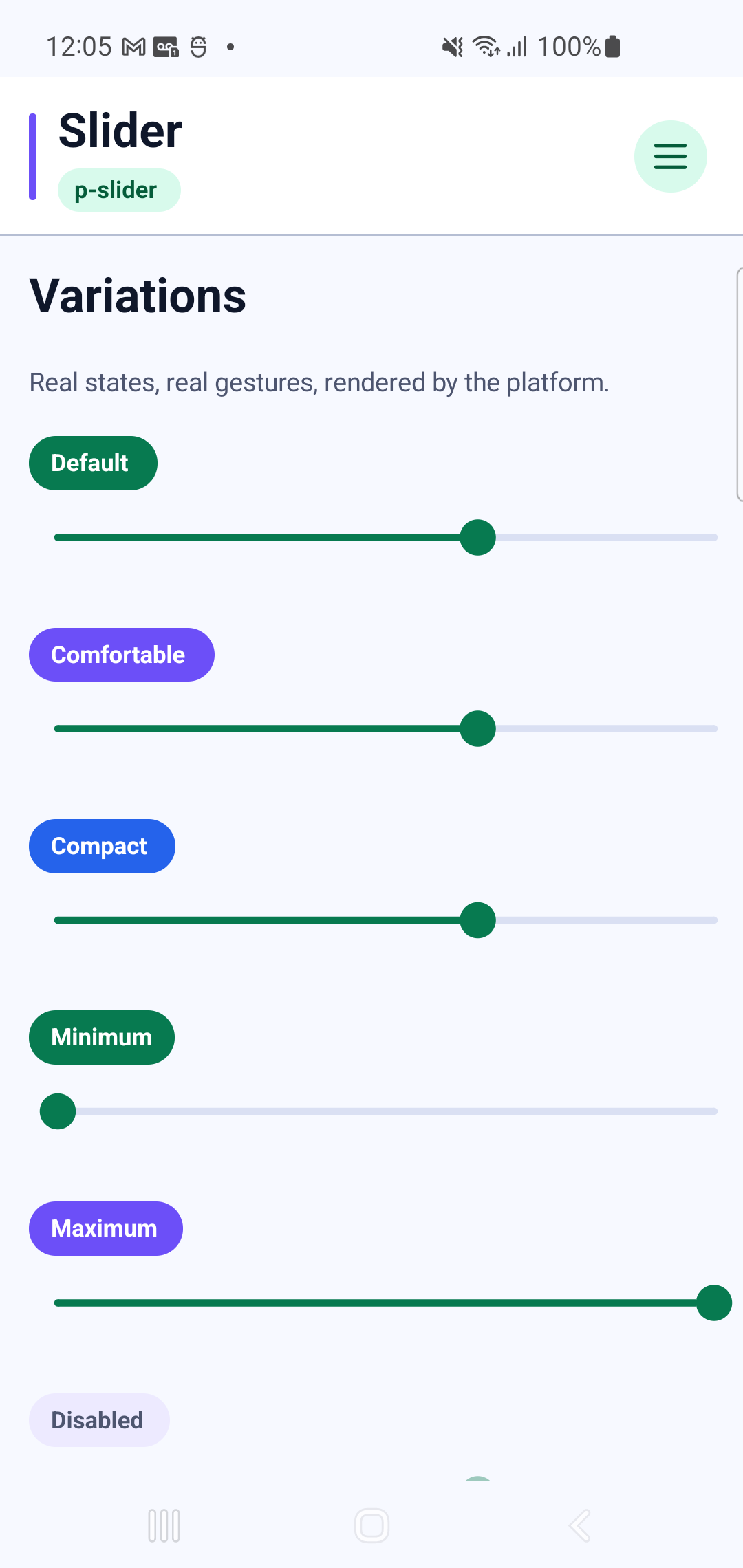p-slider rendered by PAM Native UI on a physical Samsung Android device