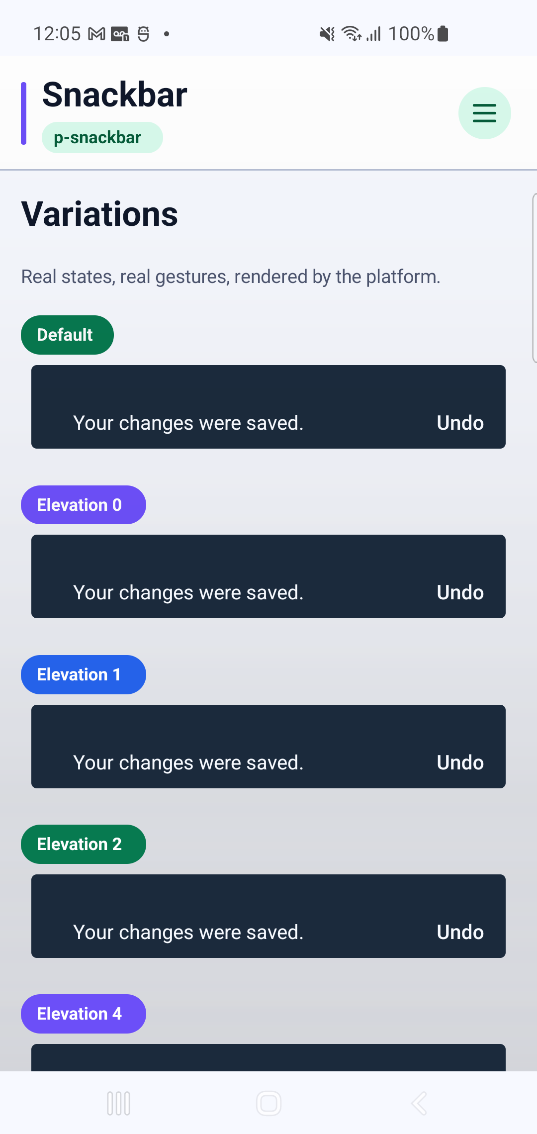 p-snackbar rendered by PAM Native UI on a physical Samsung Android device