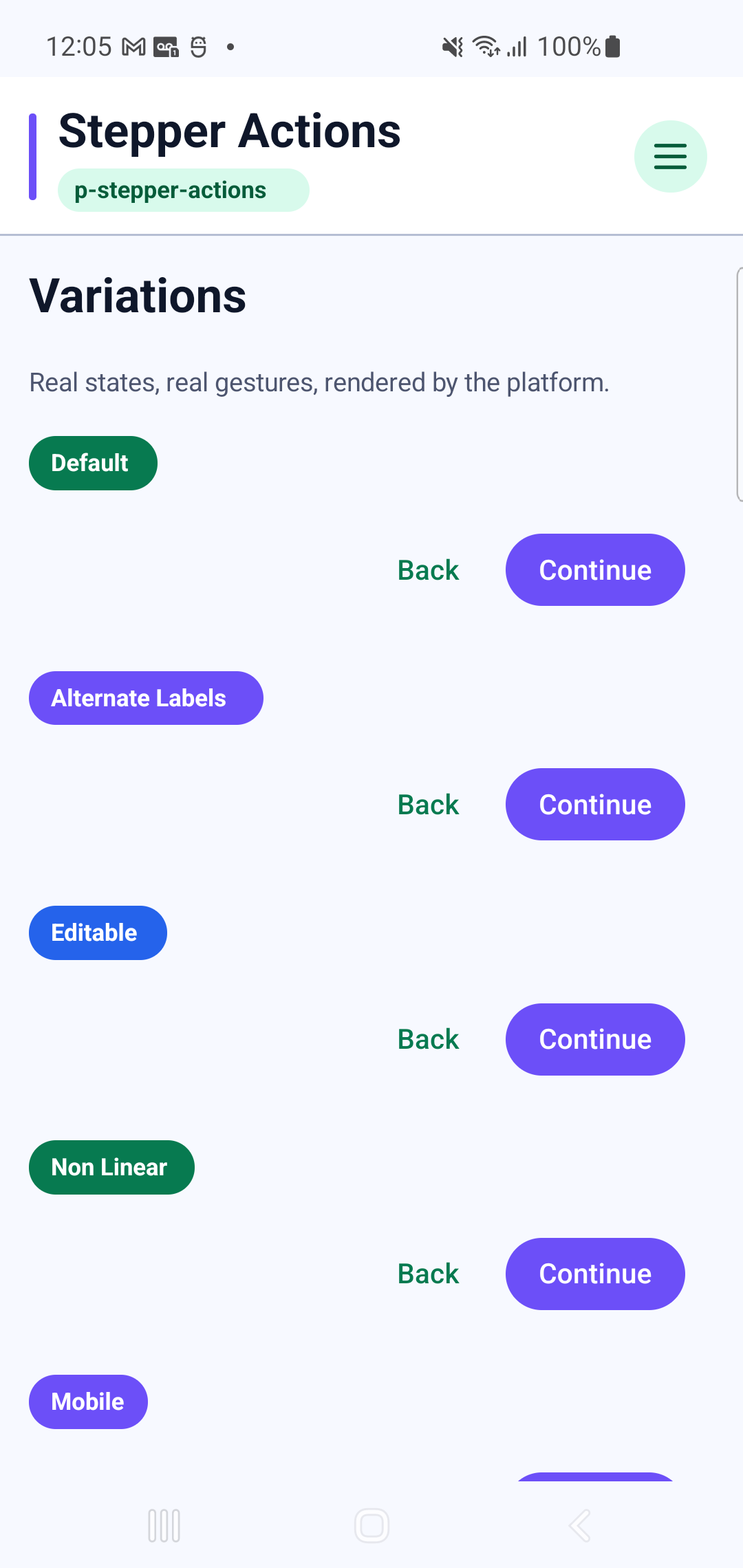 p-stepper-actions rendered by PAM Native UI on a physical Samsung Android device