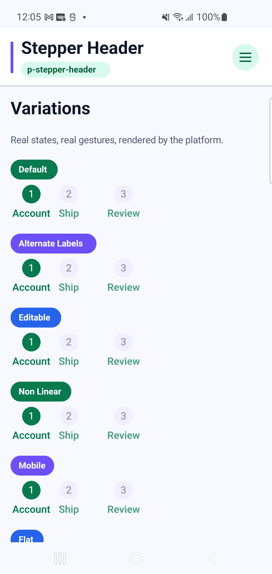 p-stepper-header rendered by PAM Native UI on a physical Samsung Android device