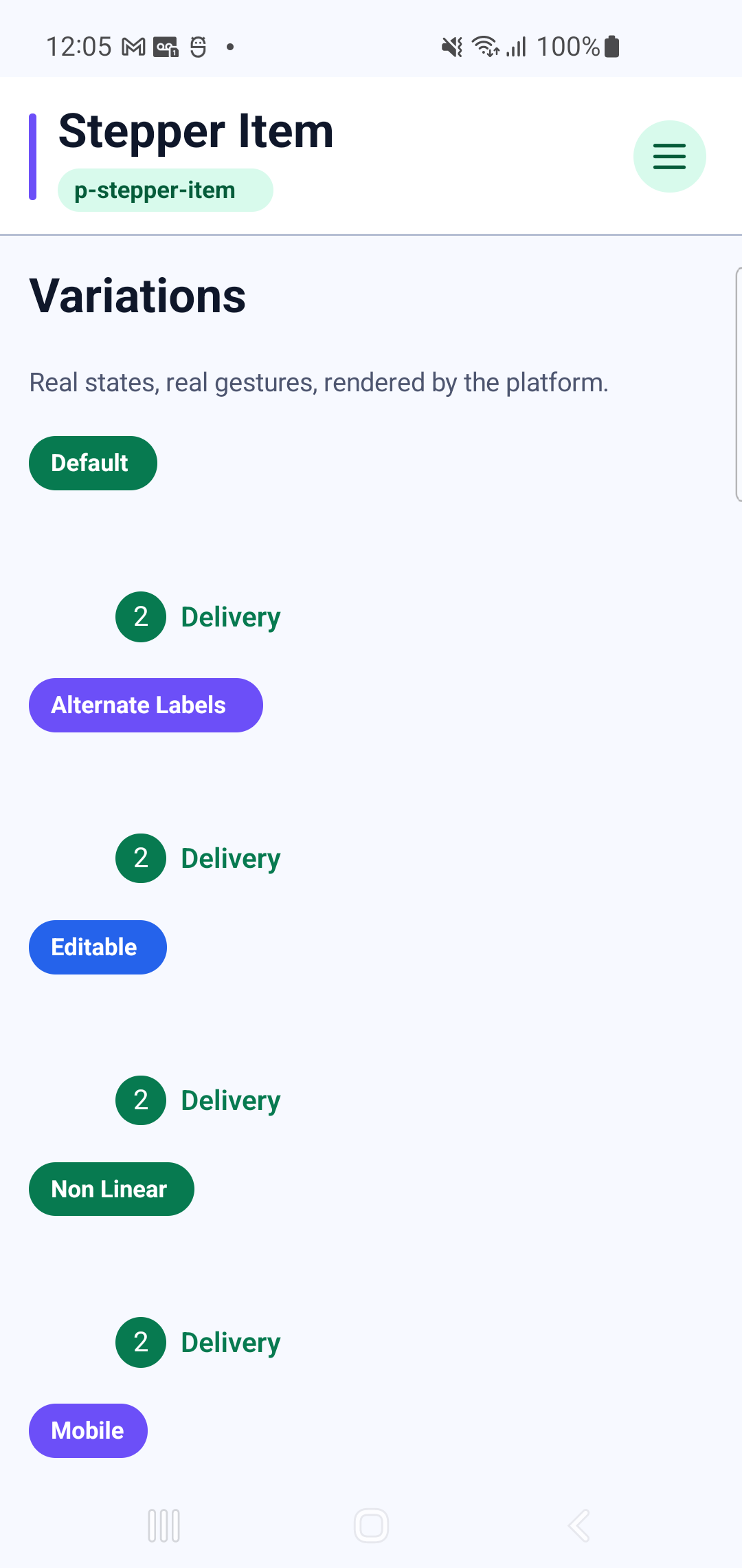 p-stepper-item rendered by PAM Native UI on a physical Samsung Android device