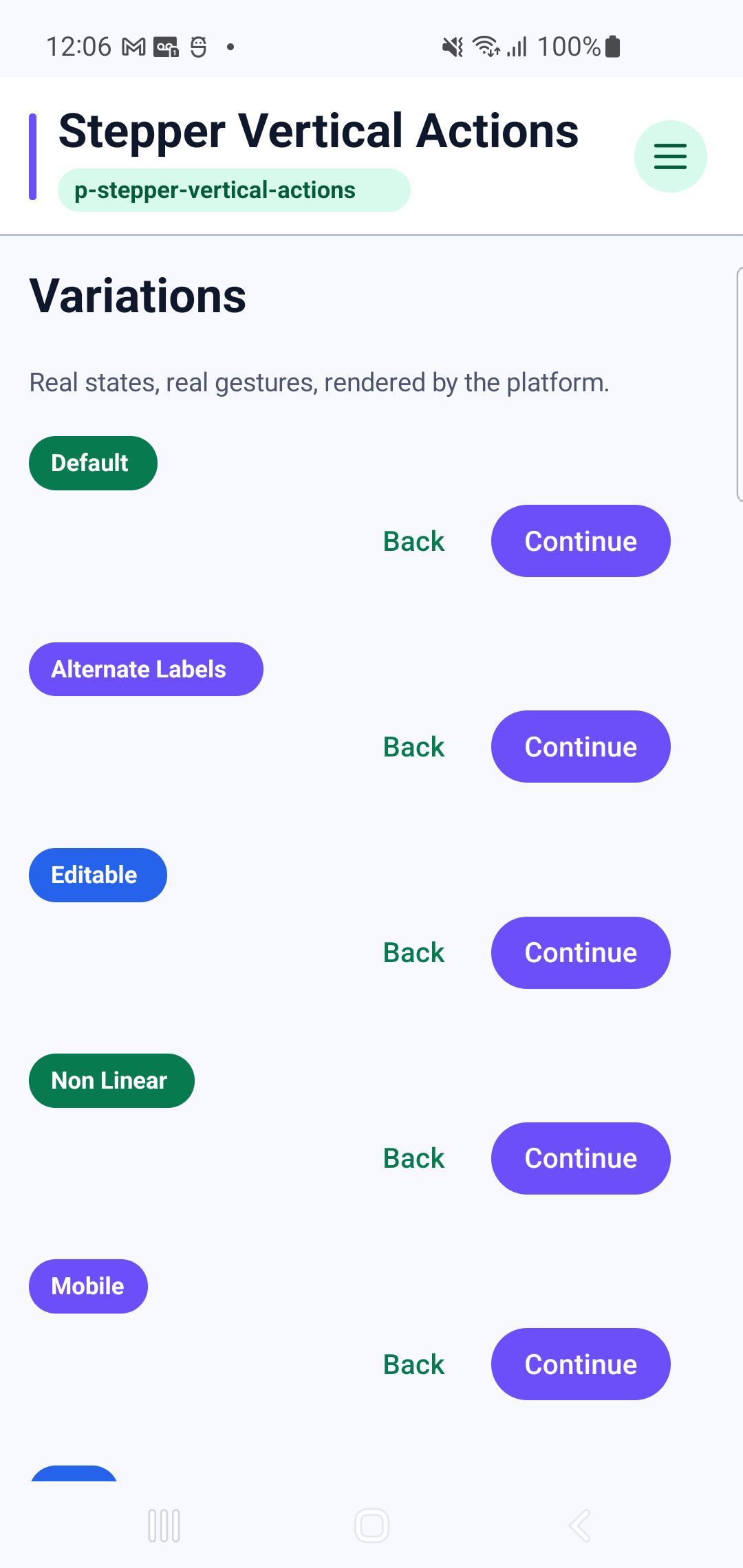 p-stepper-vertical-actions rendered by PAM Native UI on a physical Samsung Android device