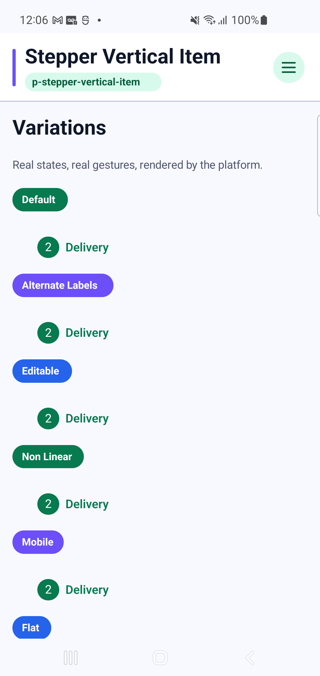 p-stepper-vertical-item rendered by PAM Native UI on a physical Samsung Android device