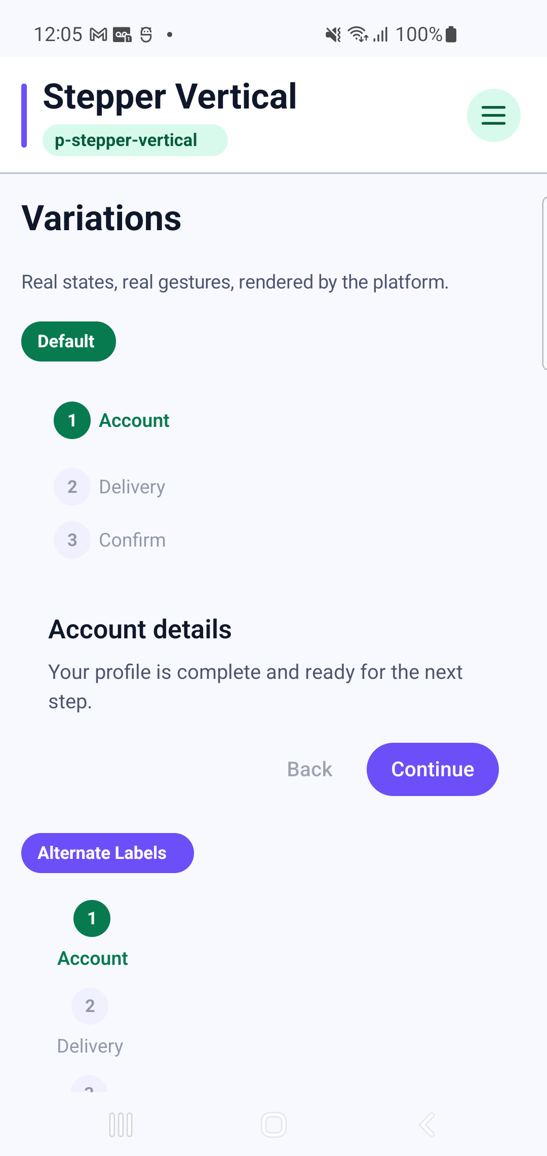 p-stepper-vertical rendered by PAM Native UI on a physical Samsung Android device