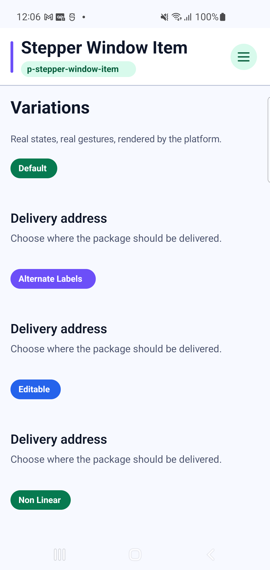 p-stepper-window-item rendered by PAM Native UI on a physical Samsung Android device