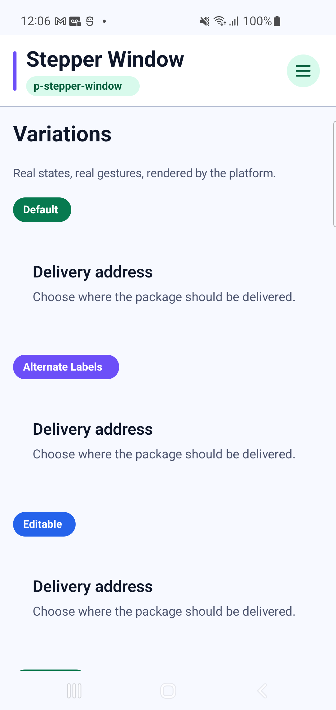 p-stepper-window rendered by PAM Native UI on a physical Samsung Android device