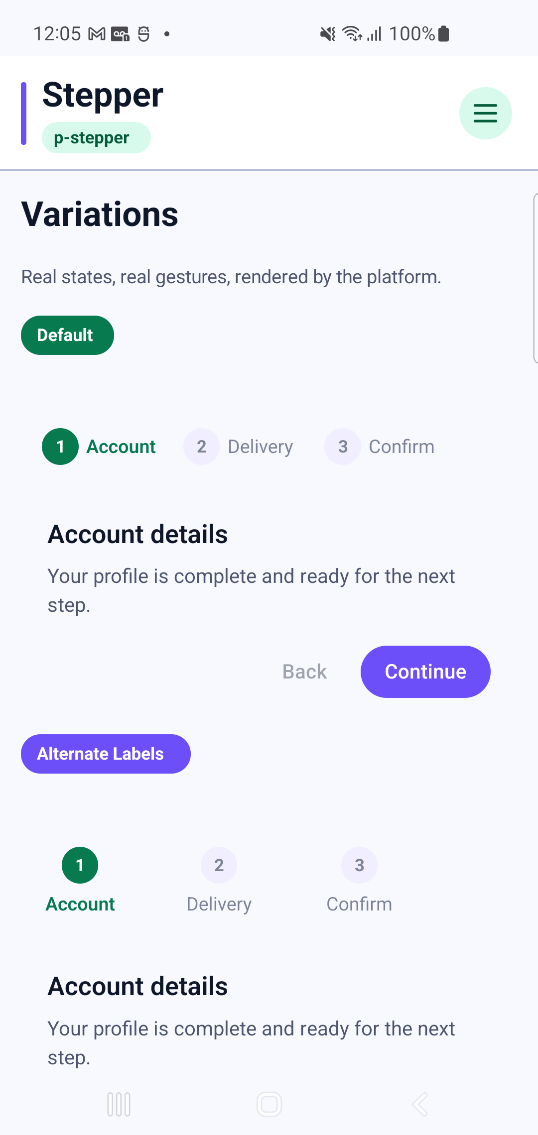 p-stepper rendered by PAM Native UI on a physical Samsung Android device