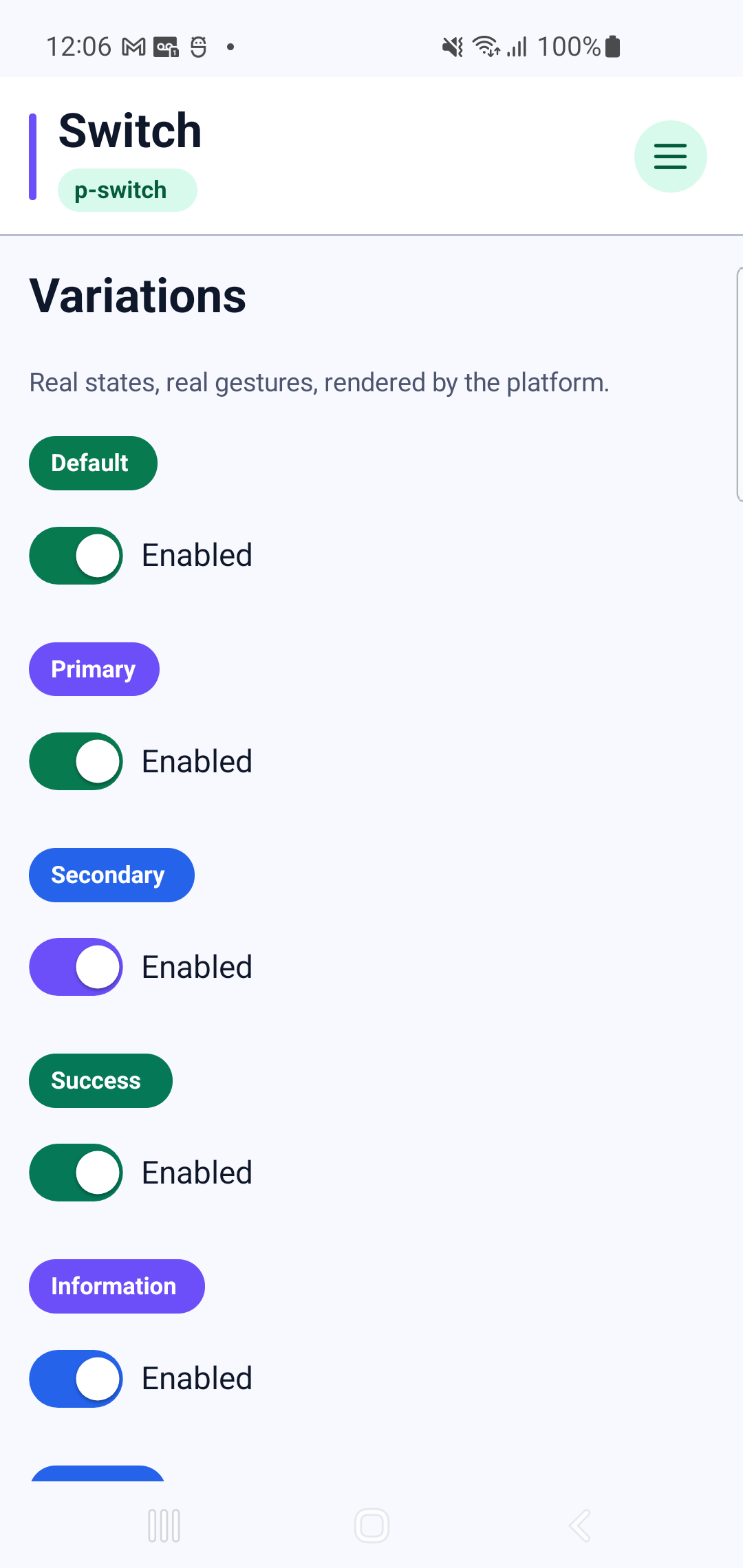 p-switch rendered by PAM Native UI on a physical Samsung Android device