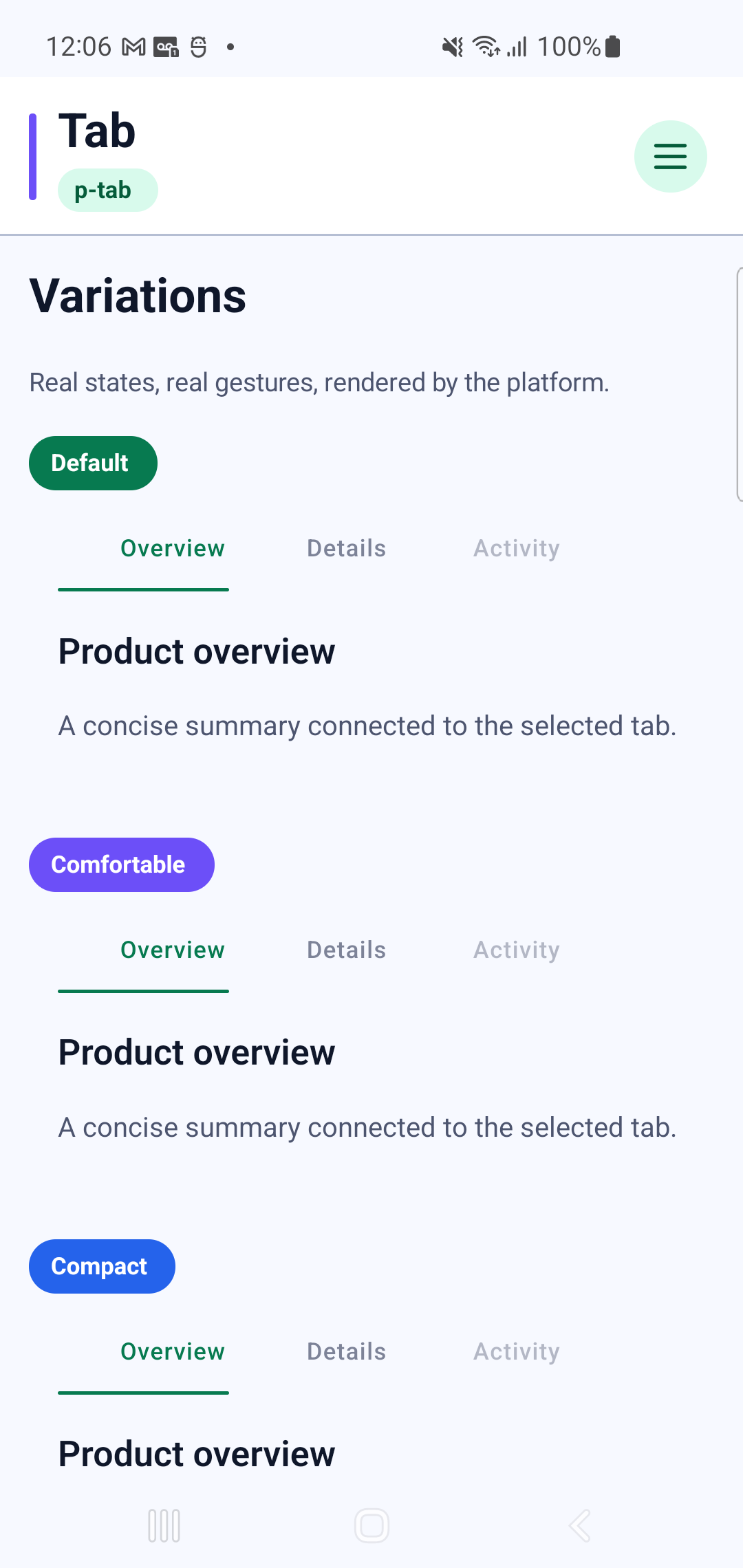 p-tab rendered by PAM Native UI on a physical Samsung Android device